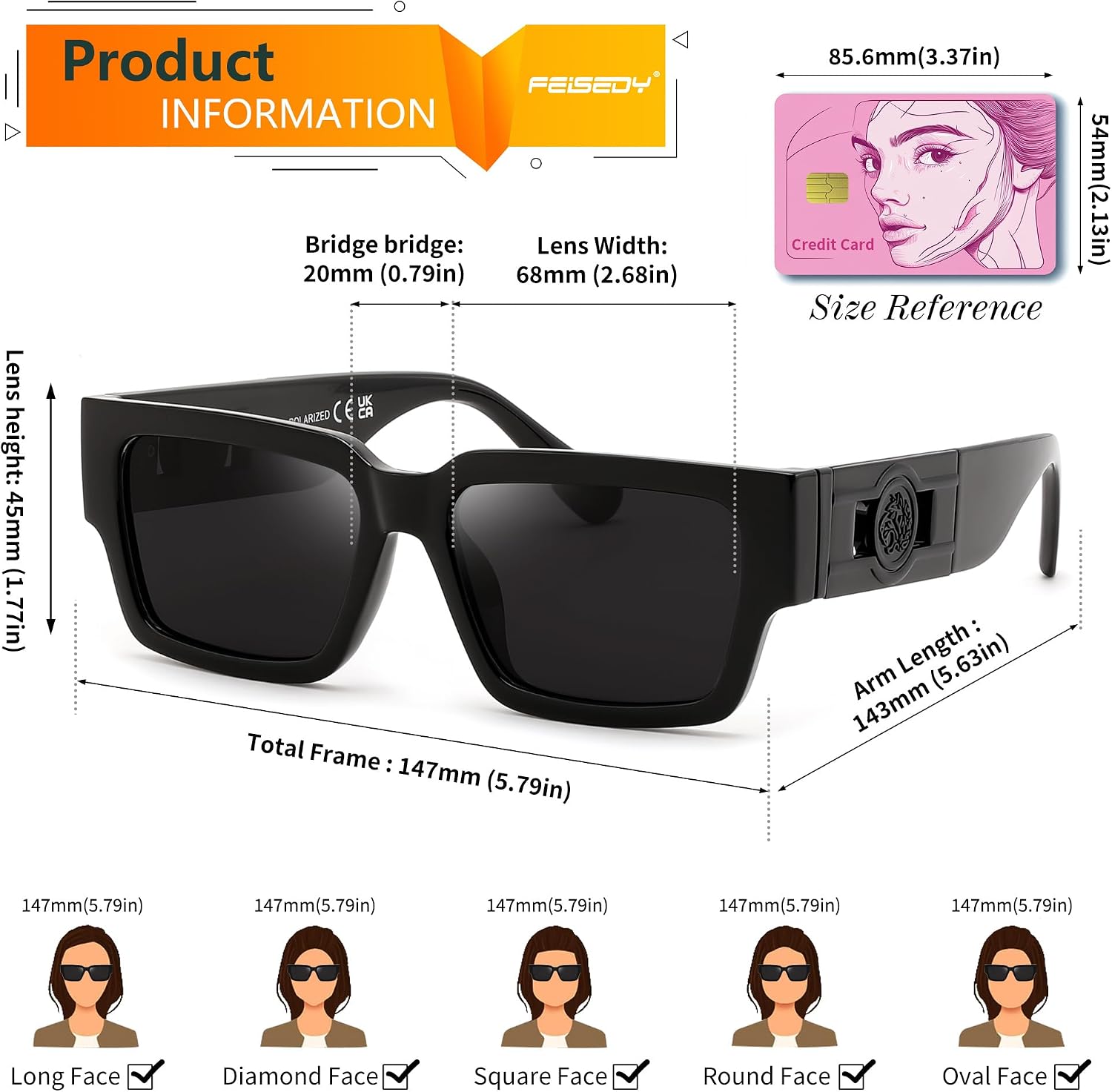 商品图片 4 | B0GD5FWDBC | FEISEDY Retro Trendy Rectangle Polarized Sunglasses for Women Men,Classic Narrow Square Sun Glasses B0314