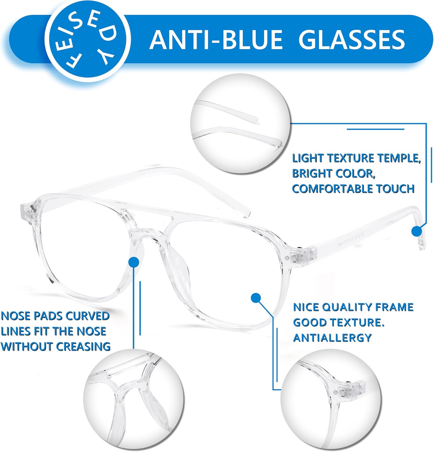 商品图片 11 | B0CY2LFJP7 | FEISEDY Blue Light Blocking Glasses Women Men Square Computer Lightweight Pilot Glasses Anti Eyestrain & UV Glare B0141