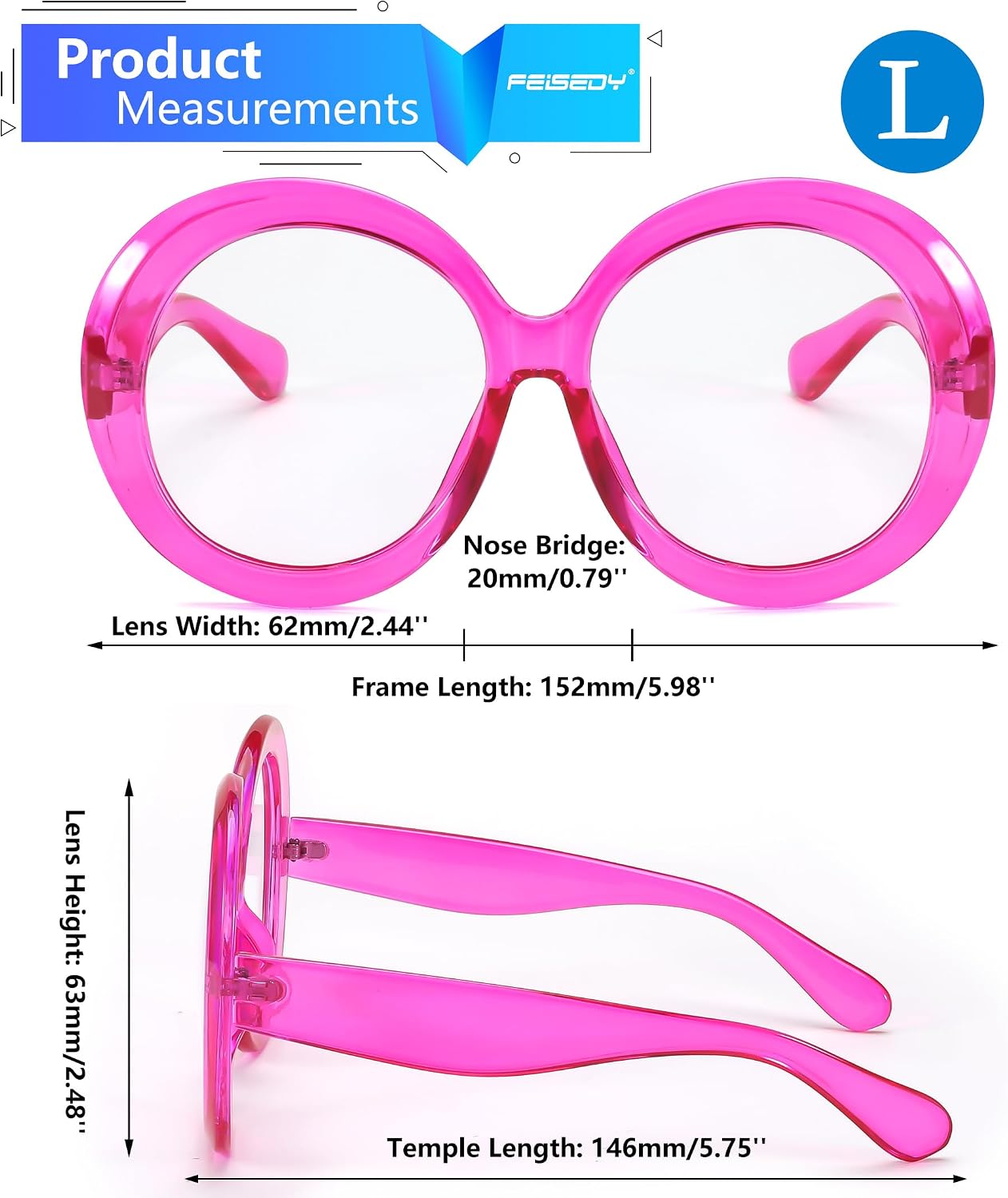 商品图片 16 | B0CQ26NQZS | FEISEDY Oversized Blue Light Blocking Glasses Women Men Retro Big Round Frame Eyewear Clear Lens Computer Glasses B2997