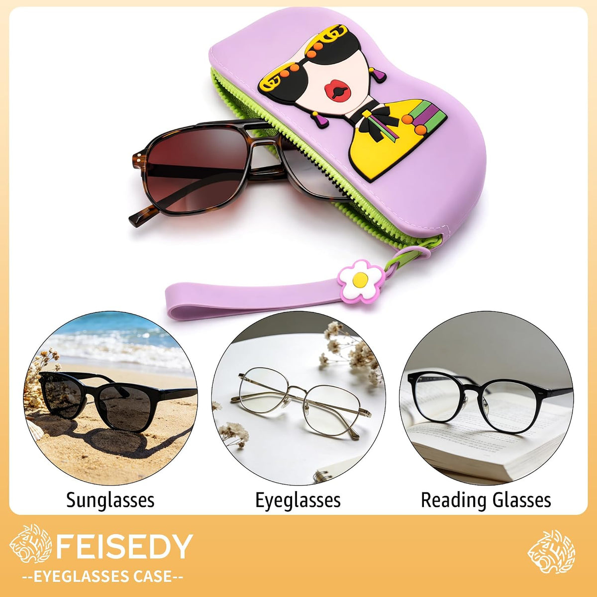 ÉÌƷͼƬ 11 | B0GFYLNWFJ | FEISEDY 2Pack Cartoon Silicone Glasses Pouch with Carrying Strap Cute Protective Eyewear Case for Travel B0386