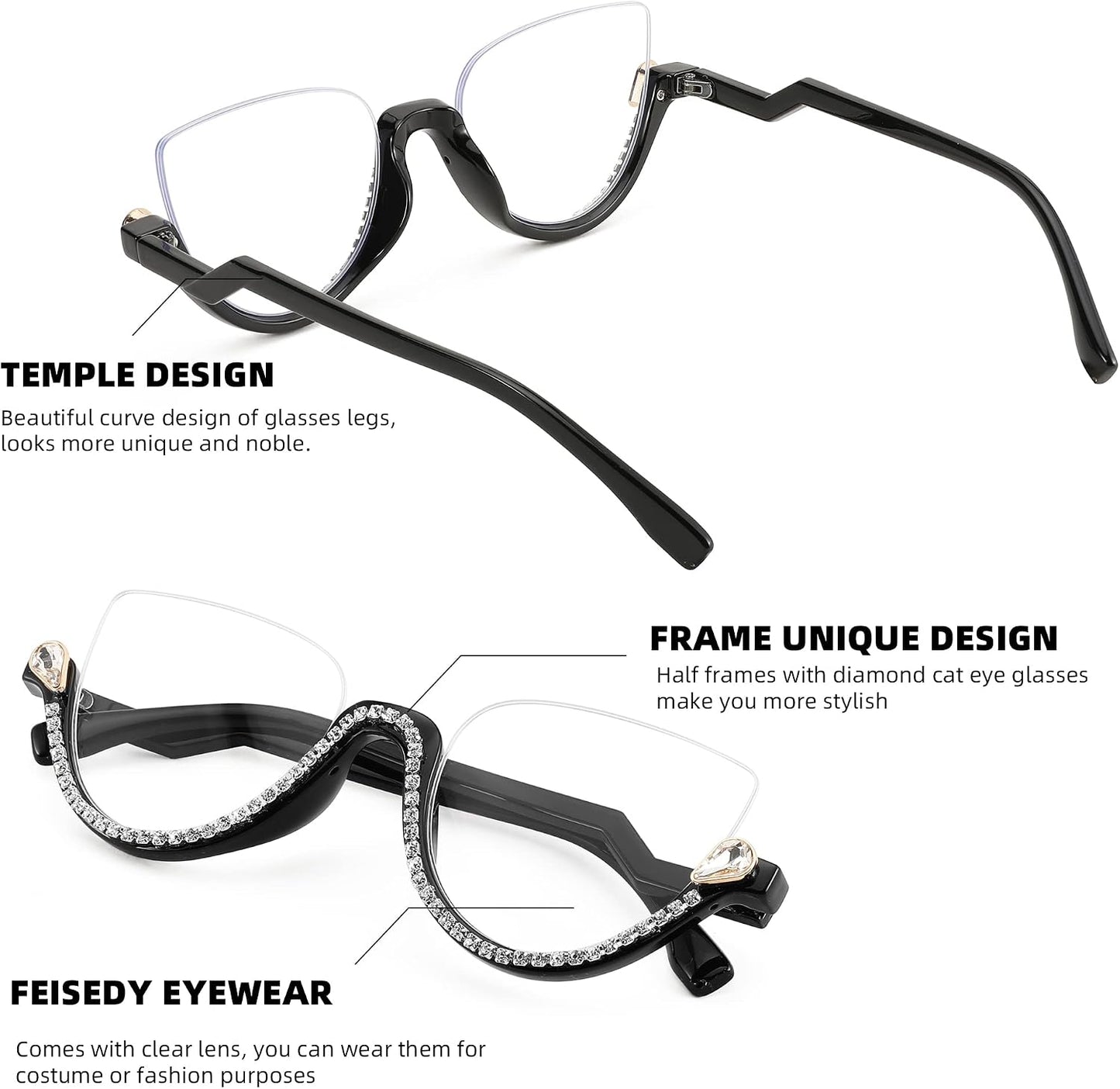 商品图片 4 | B0BK84HWH8 | FEISEDY Women Blue Light Blocking Glasses Fashion Half Frame Cat Eye Glasses Inlaid Diamond Anti Eyestrain B2995