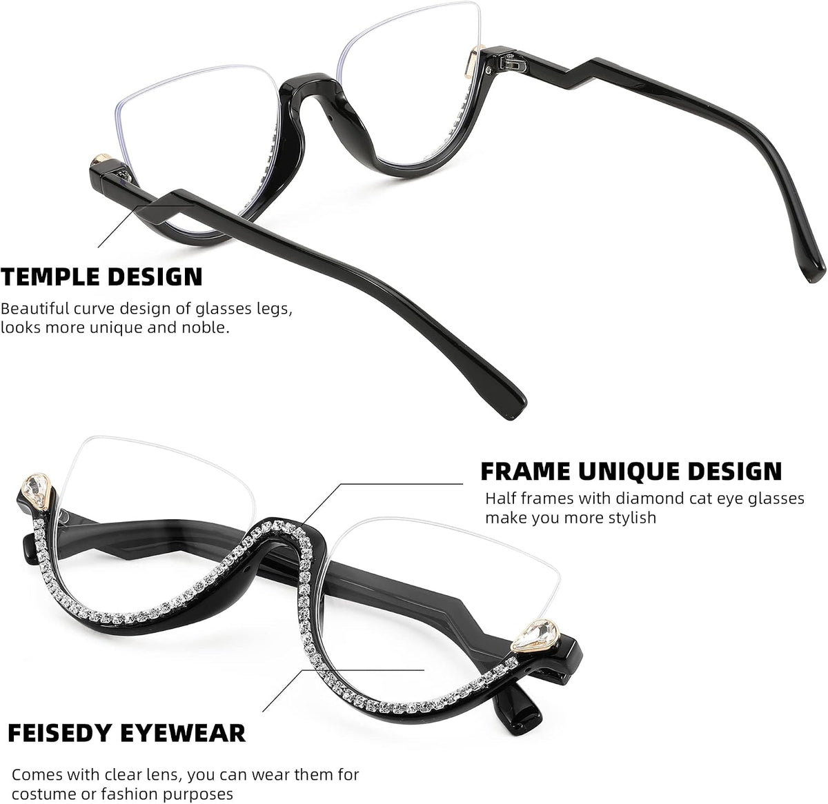 ÉÌƷͼƬ 4 | B0BK84HWH8 | FEISEDY Women Blue Light Blocking Glasses Fashion Half Frame Cat Eye Glasses Inlaid Diamond Anti Eyestrain B2995