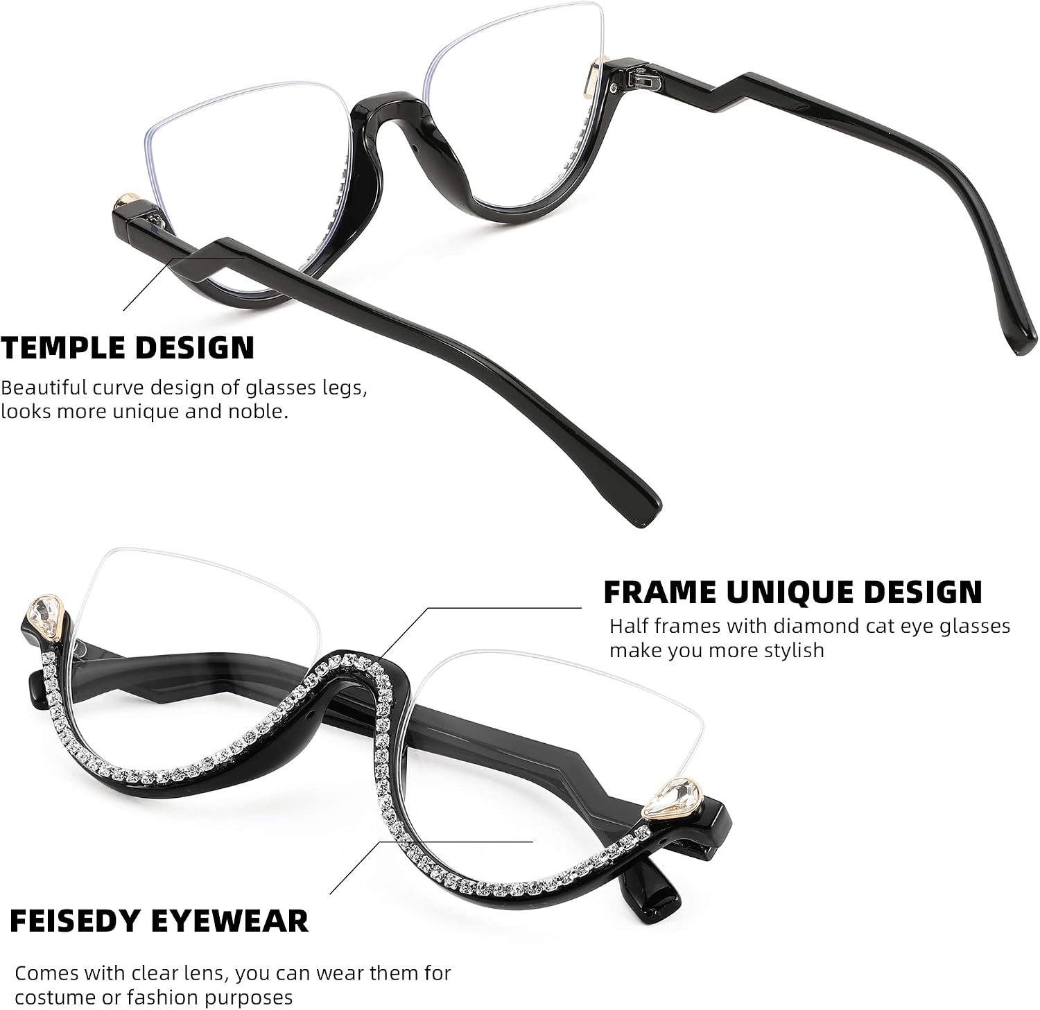 商品图片 4 | B0BK84HWH8 | FEISEDY Women Blue Light Blocking Glasses Fashion Half Frame Cat Eye Glasses Inlaid Diamond Anti Eyestrain B2995