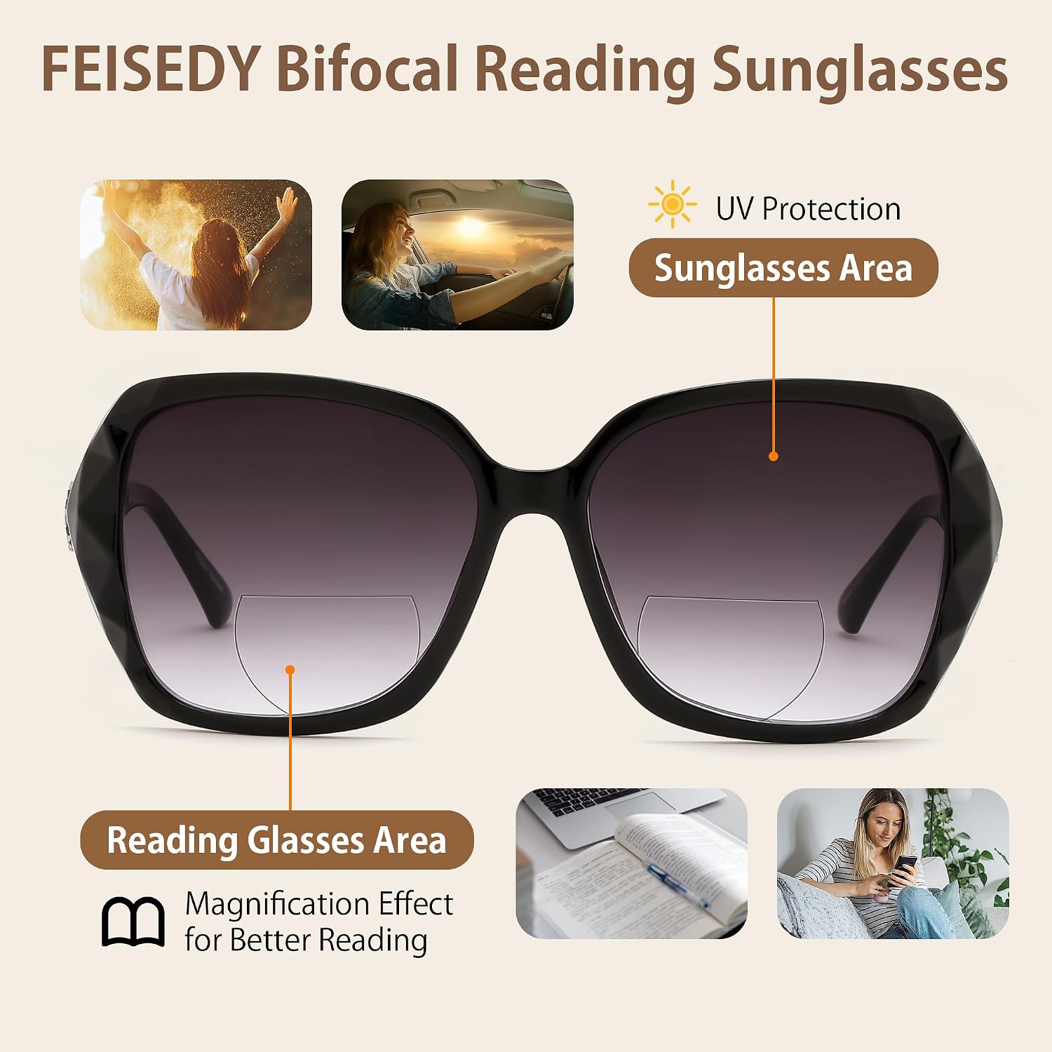 商品图片 11 | B0GSVYSZZX | FEISEDY Oversized Butterfly Bifocal Sunglasses Reader for Women B0353