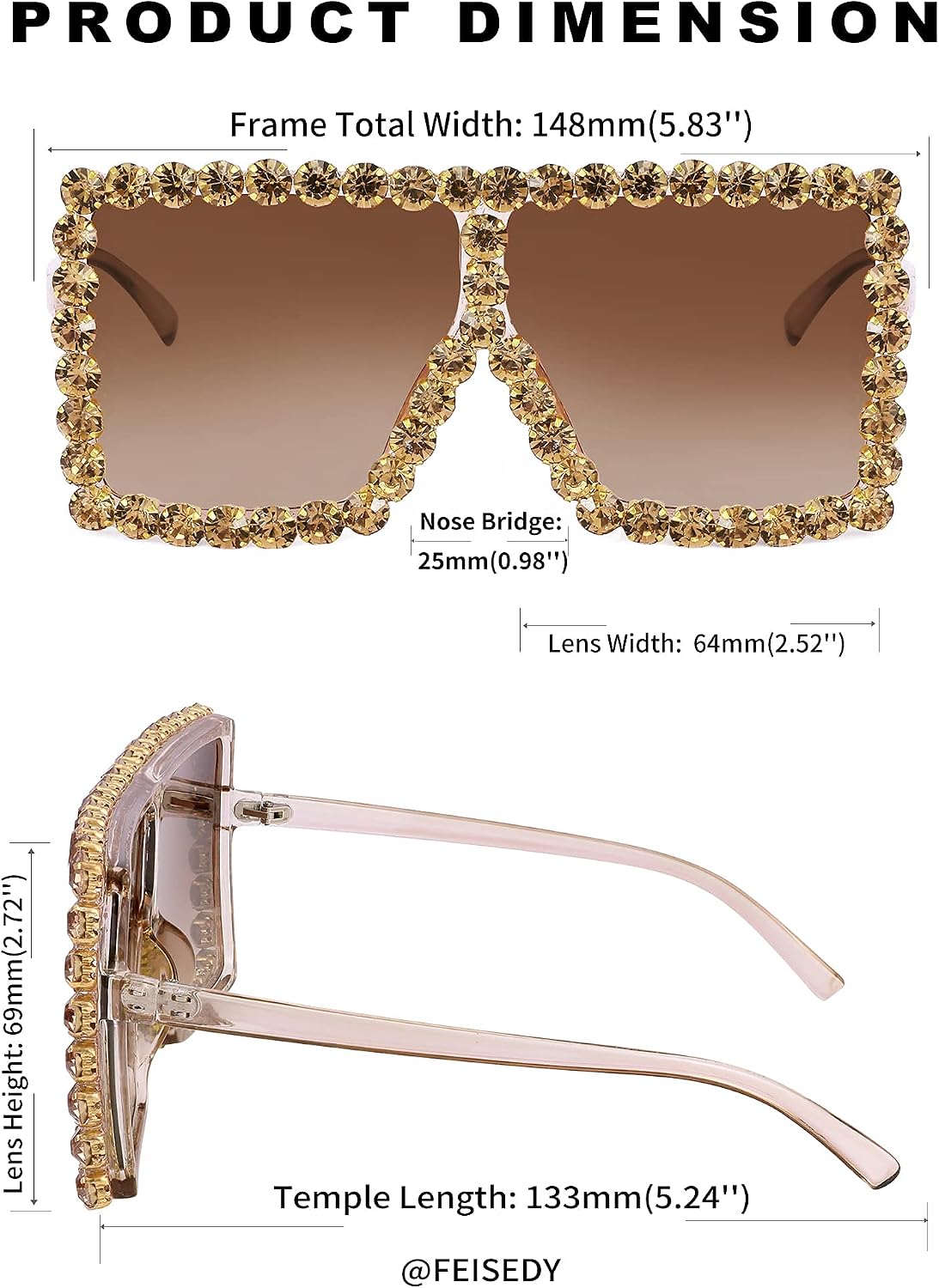 商品图片 27 | B096YZPRF2 | FEISEDY Oversized Sparkling Crystal Sunglasses Disco Diamond Flat Top Fashion Square Large Shades B2782