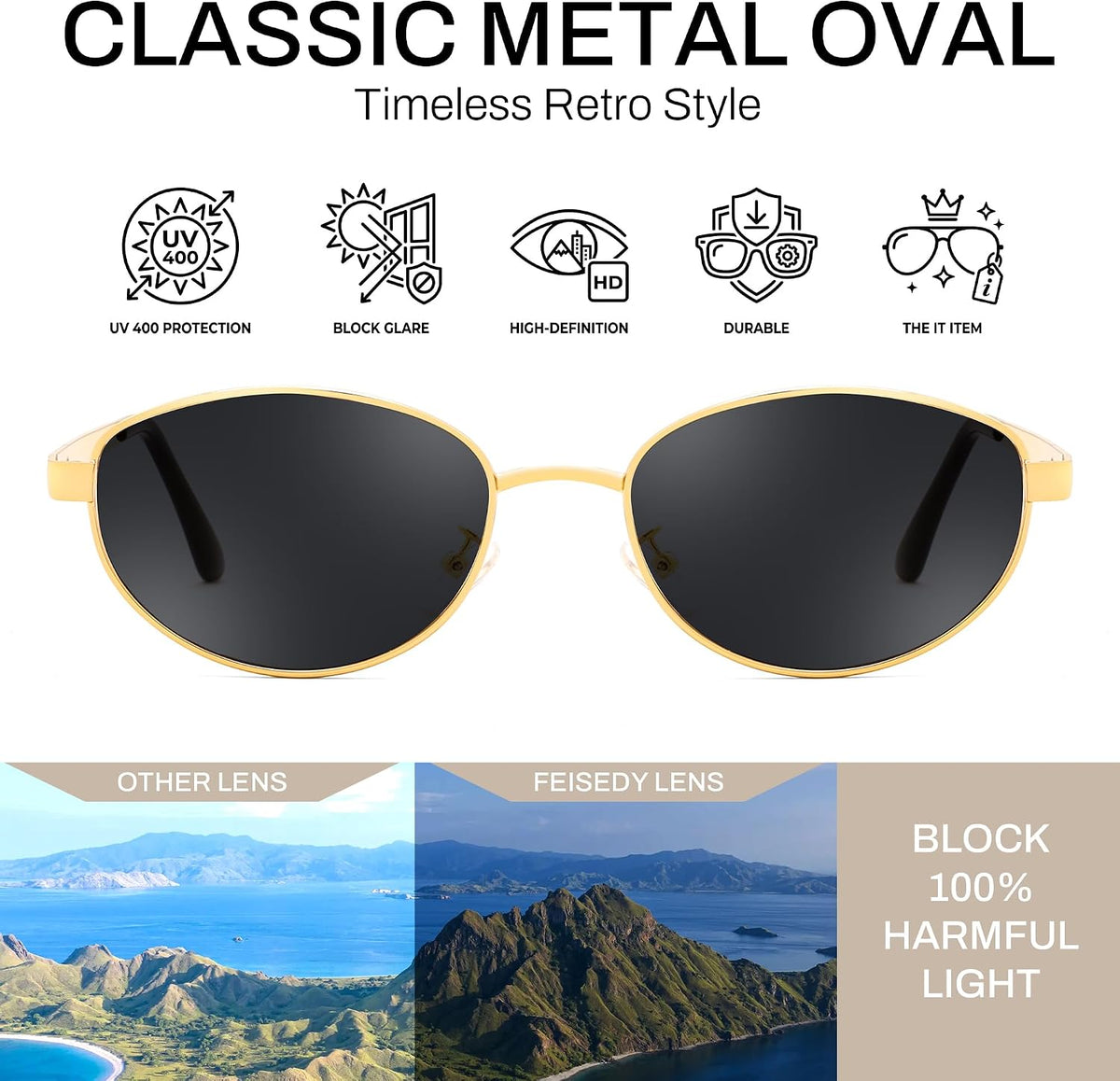 ÉÌƷͼƬ 3 | B0GVDQNHD2 | FEISEDY Oval Metal Sunglasses for Women and Men, Classic UV400 Protection Shades Retro Trendy Driving Fishing Eyewear B0430