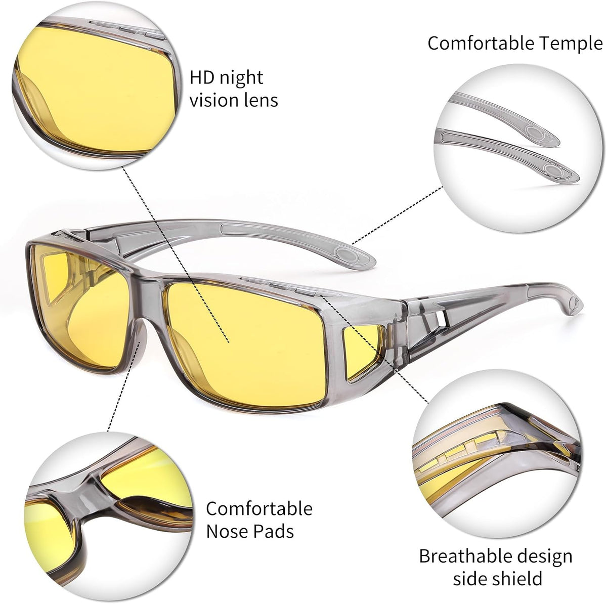 商品图片 5 | B0DK39MNNQ | DJ10094 Night Vision Glasses Fit Over Glasses, Anti Glare Yellow Lens for Men & Women