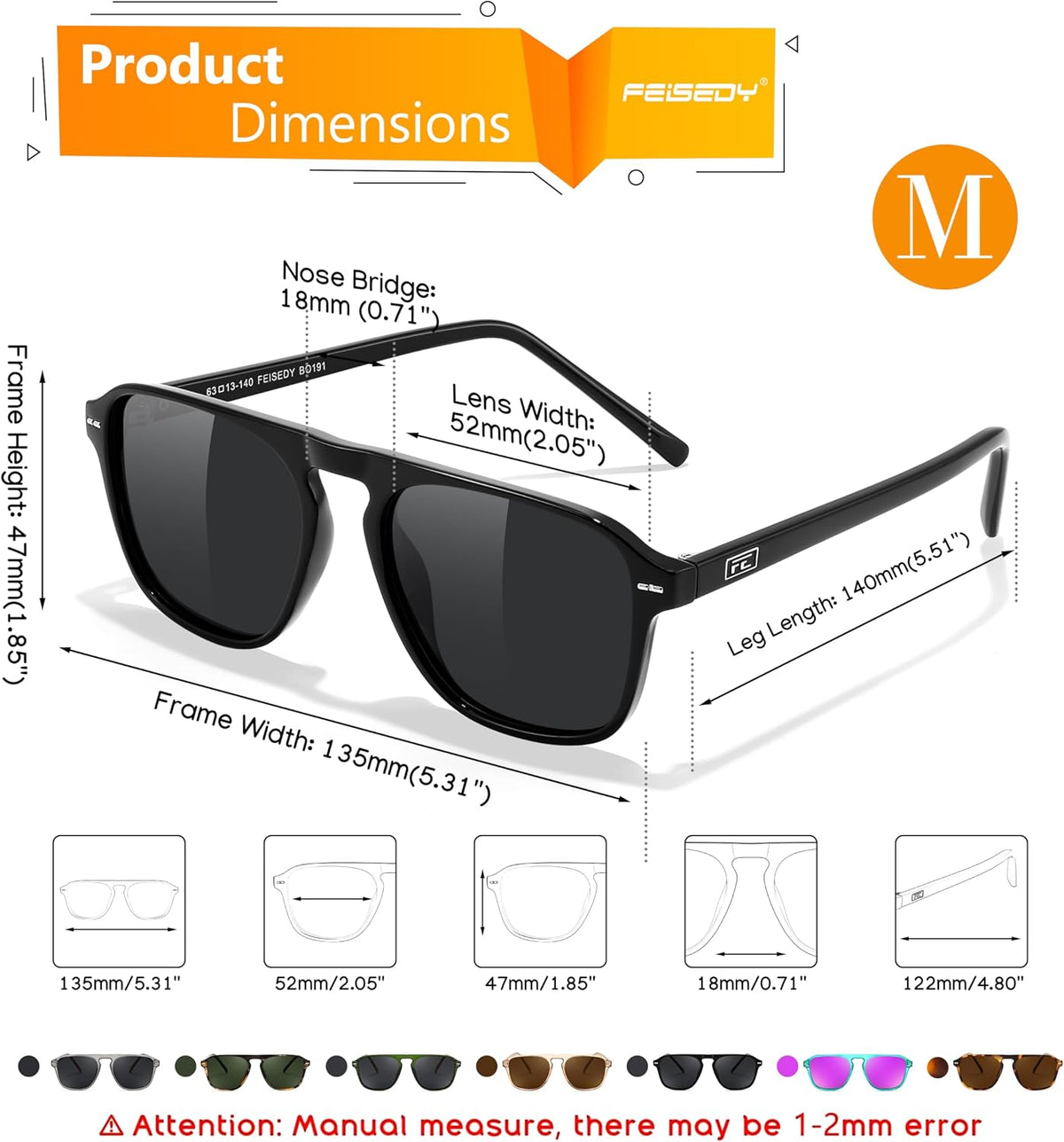 ÉÌƷͼƬ 46 | B0F4D461TF | FEISEDY Polarized Aviator Mens Sunglasses Square Modern Women Vintage Style Acetate Frame UV400 B0191