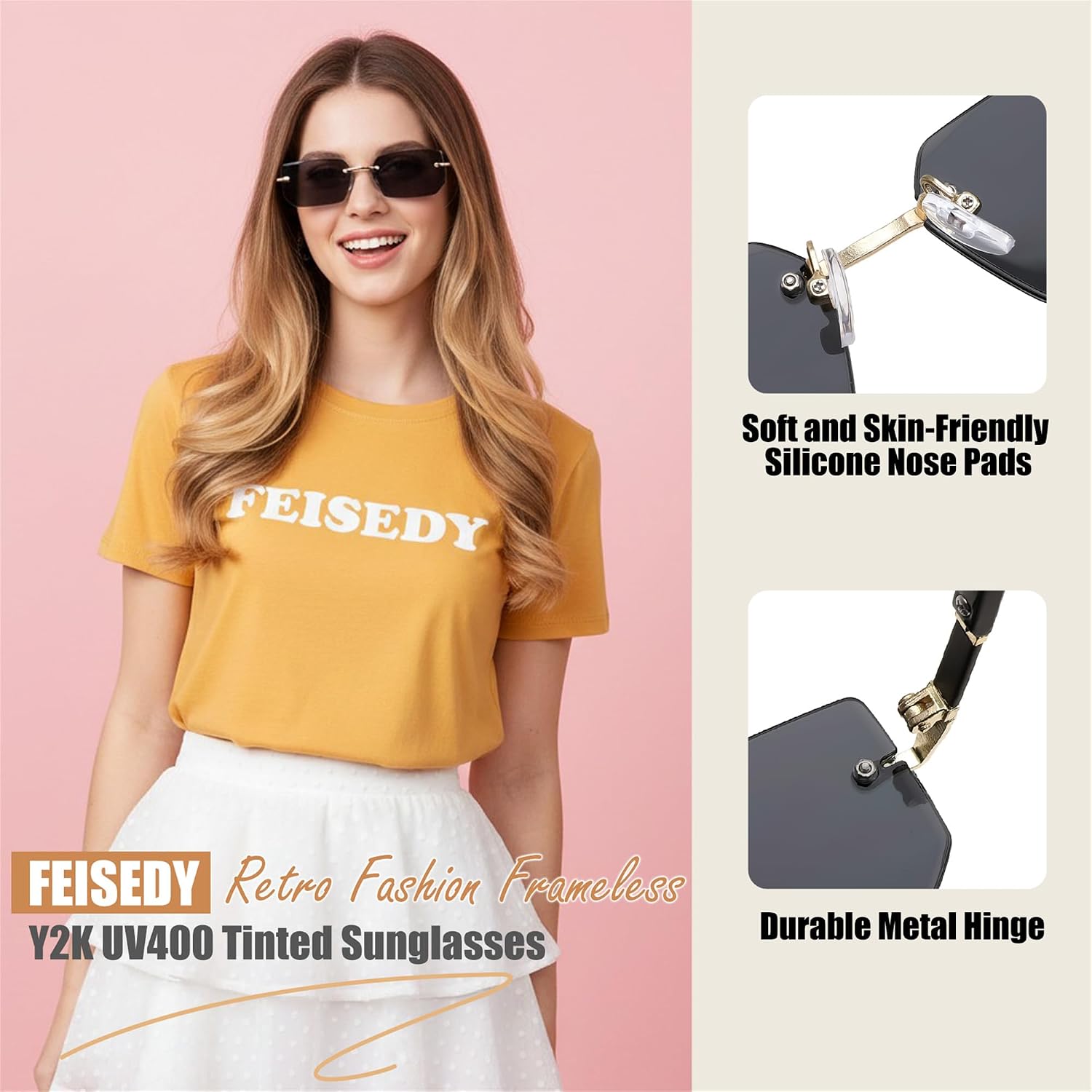商品图片 5 | B0CY2Q4VW1 | FEISEDY Rimless Sunglasses Y2K Retro Small Narrow Rectangle Shades B2643