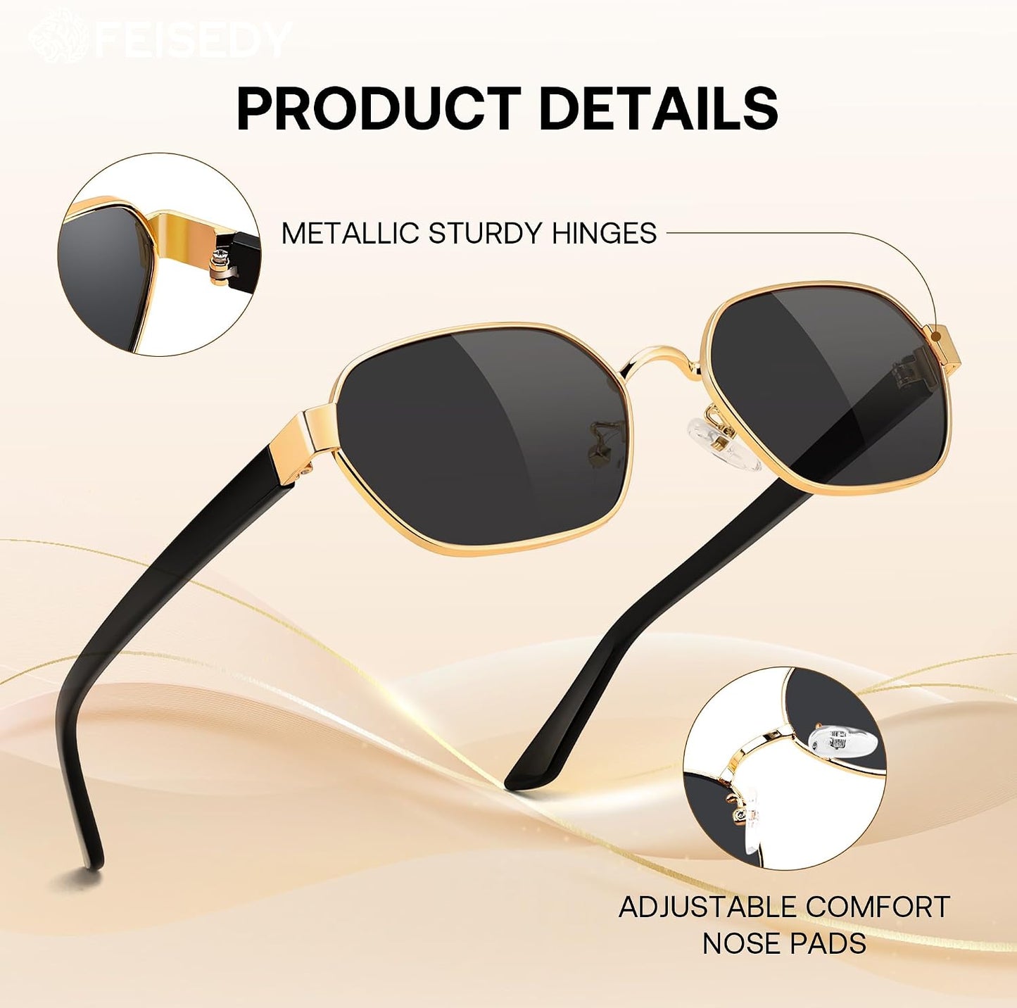 商品图片 34 | B0GY42ZV46 | FEISEDY Women and Men UV400 Protection Sunglasses, Polygon Square Metal Frame Retro Stylish Shades B0452