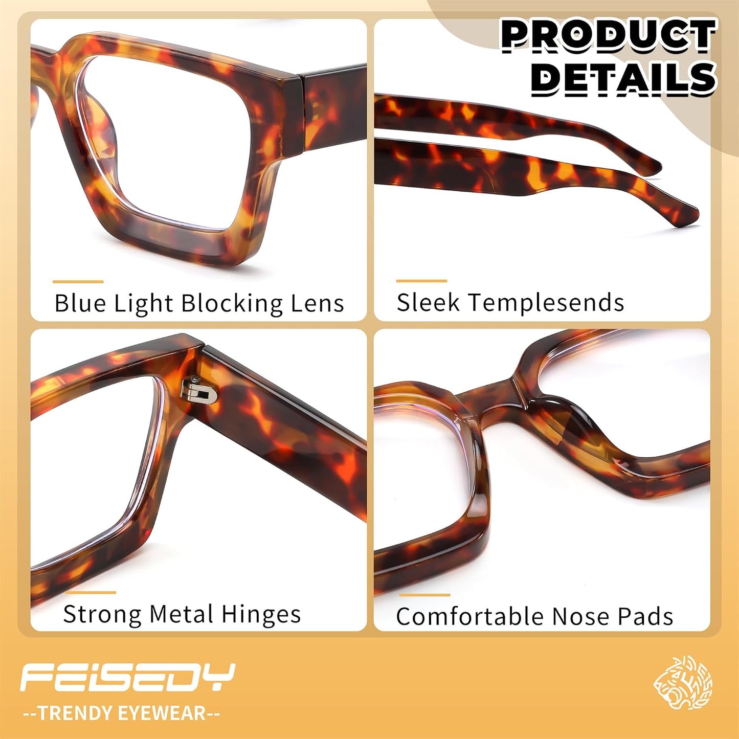 商品图片 17 | B0DXDYMMPM | FEISEDY Retro Blue Light Blocking Glasses for Women Men 90s Classic Rectangle Frame Thick Chic Computer Eyeglasses B2383R