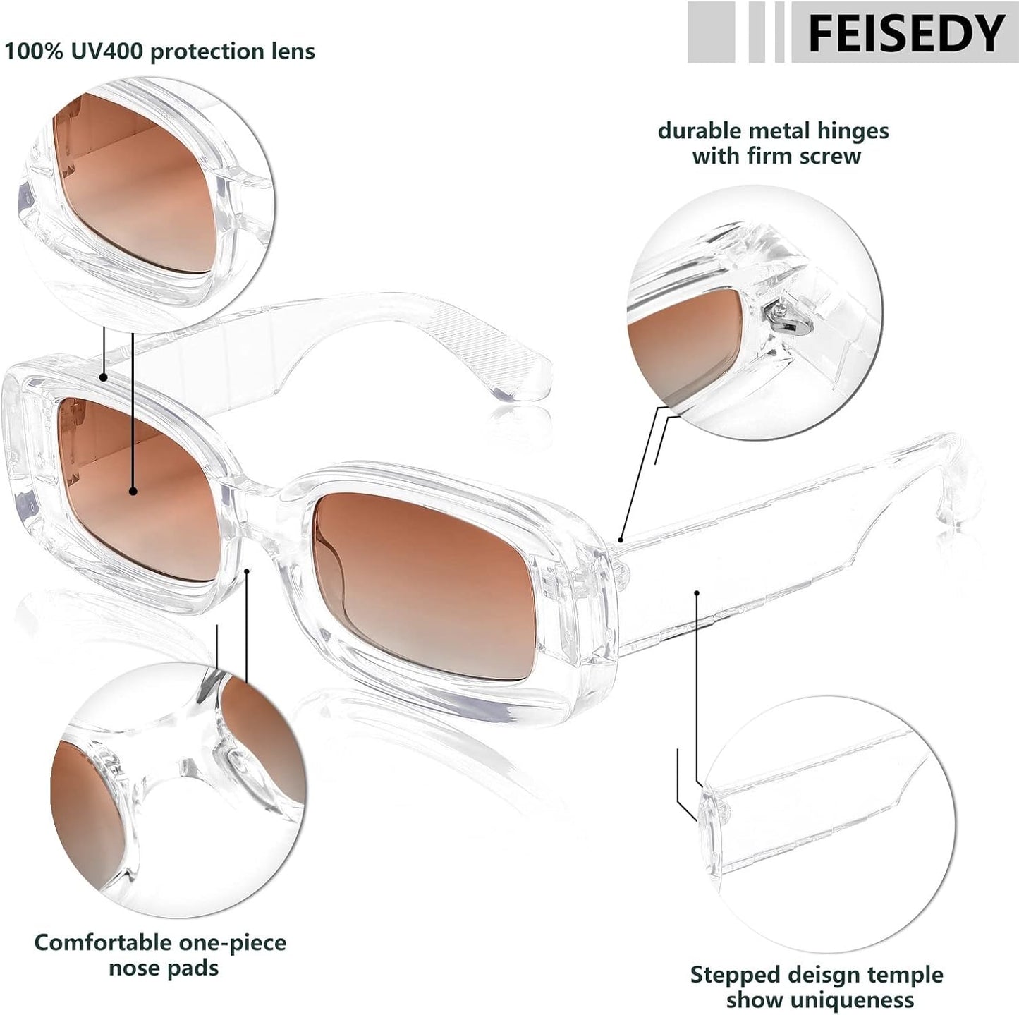 商品图片 11 | B0B12FXZW5 | FEISEDY Rectangle Sunglasses for Women Men Retro Y2k 90s Thick Frame Chunky Square Sunglasses UV400 Protection B2307