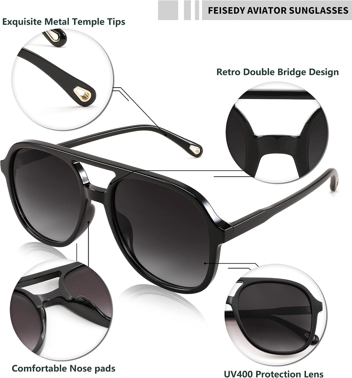 ÉÌƷͼƬ 36 | B0C27PGFFJ | FEISEDY Retro Aviator Sunglasses Women Men Classic Square Shades Trendy Sun Glasses UV400 Protection B2394