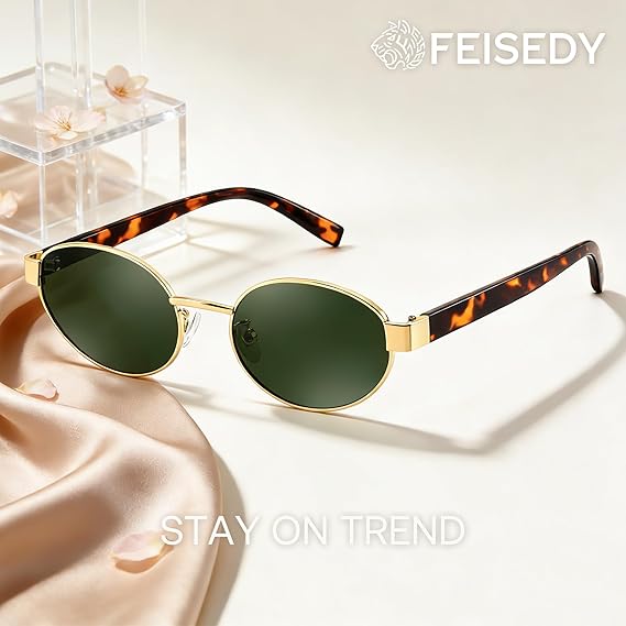 FEISEDY Sunglasses Men Women UV400 Protection Retro Trendy Classic Oval Small Metal Frame B0402