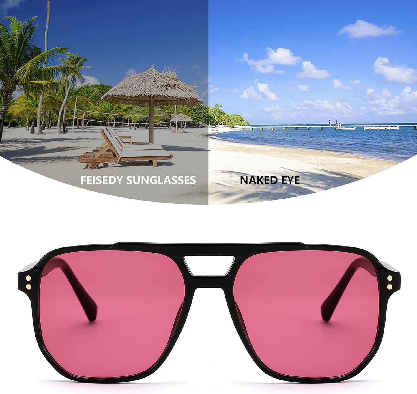商品图片 6 | B09J8999GR | FEISEDY Retro Square Aviator Sunglasses Women Men 70s Vintage Trendy Plastic Frame Sun Glasses B2835