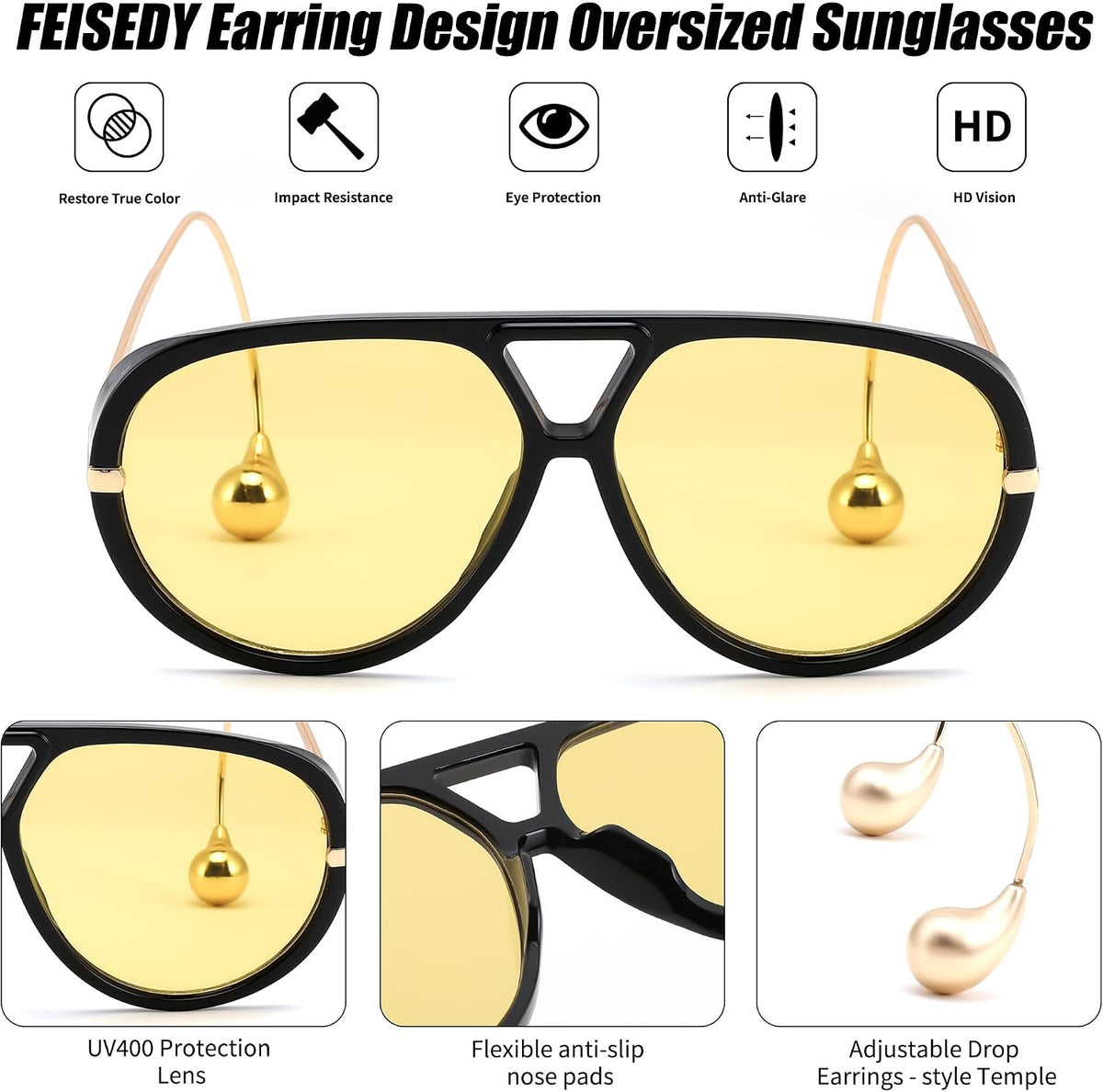 ÉÌƷͼƬ 23 | B0F8N8W8JM | FEISEDY Oversized Aviator Sunglasses With Earring Design for Women Large Big Frame Luxury Designer Shades for Ladies B0296