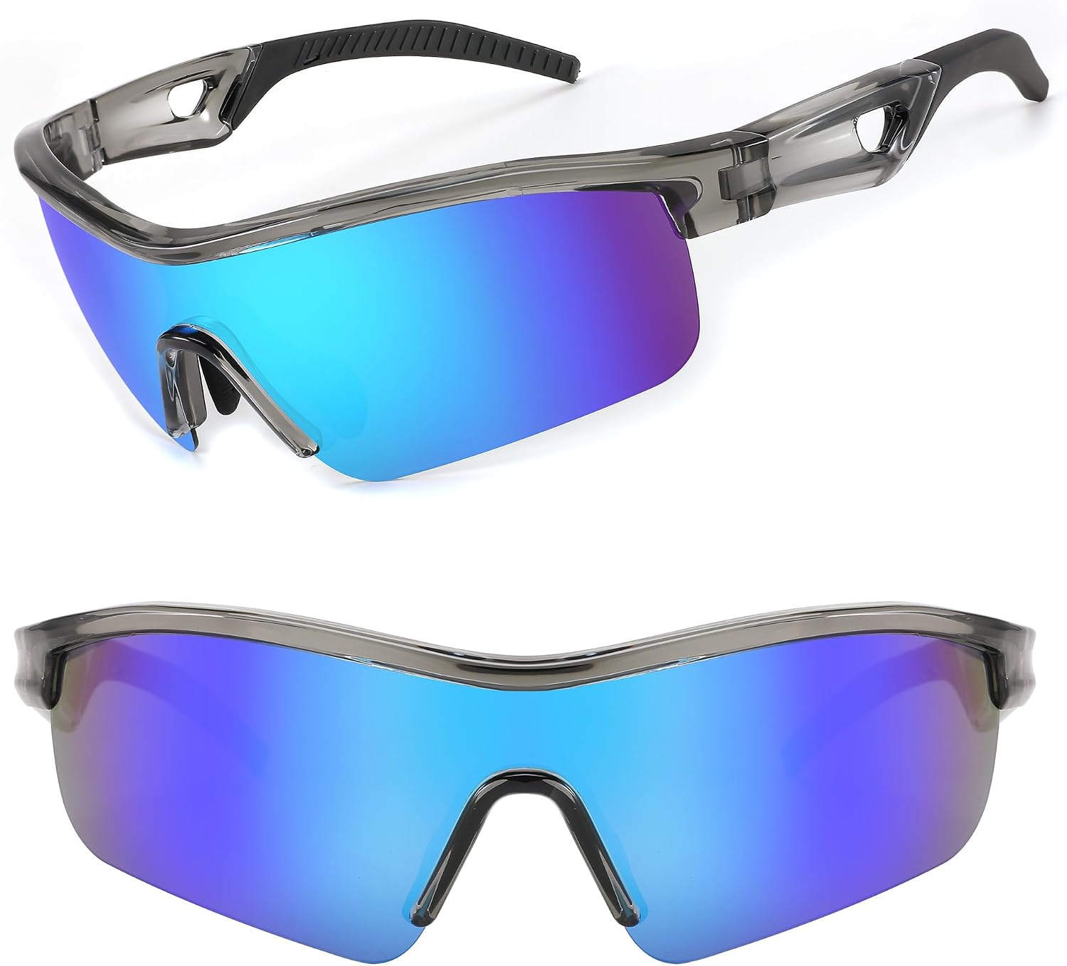 004 Transparent Grey Frame & Blue Mirror / 135 Millimeters | B0C7142SGQ | FEISEDY Men Sunglasses, Polarized Cycling Sunglasses, UV400 Sports Baseball Running Fishing Hiking Shades B2372