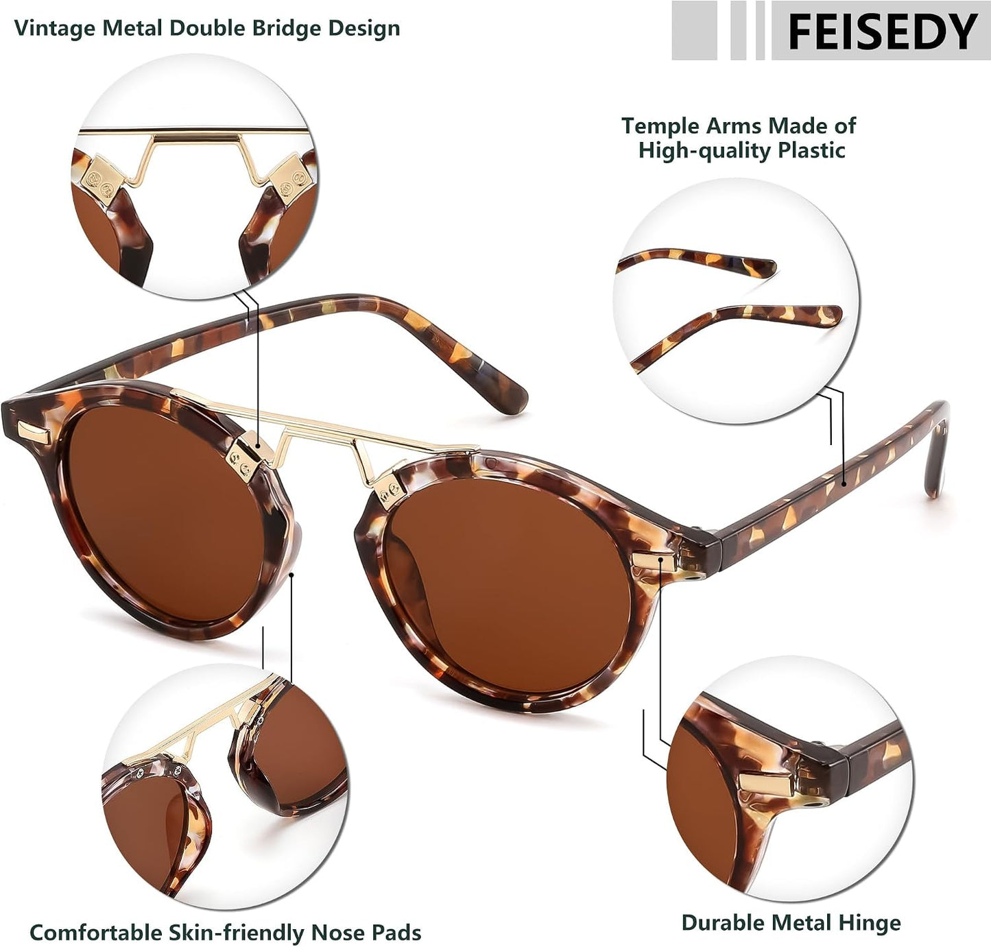商品图片 5 | B0GX62YR7C | FEISEDY Retro Round Metal Brow Sunglasses for Women for Small Face B0427