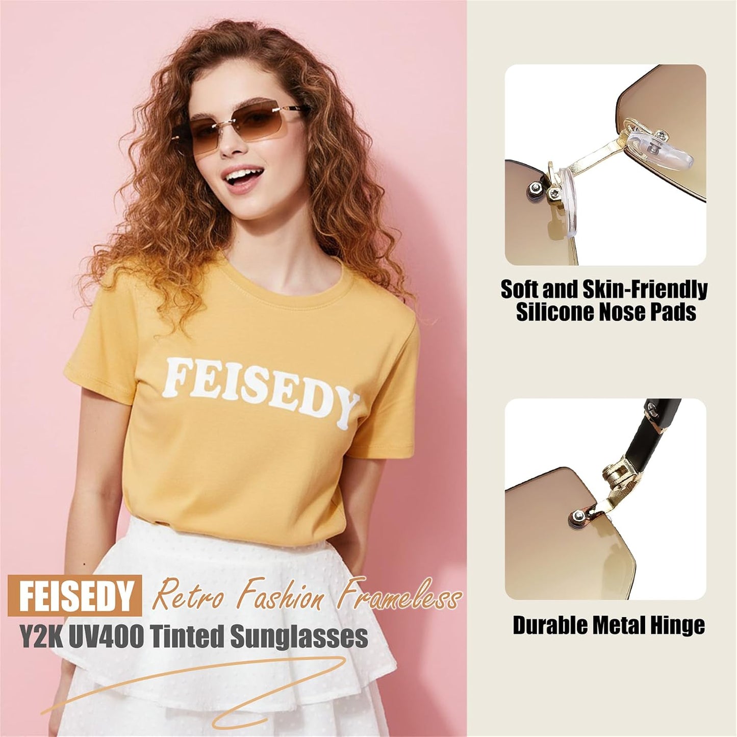 商品图片 86 | B0CY2Q4VW1 | FEISEDY Rimless Sunglasses Y2K Retro Small Narrow Rectangle Shades B2643