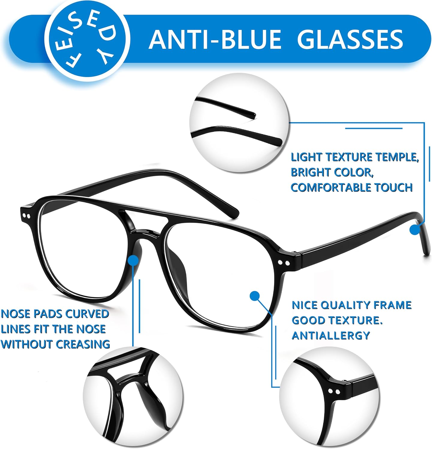 商品图片 5 | B0CY2LFJP7 | FEISEDY Blue Light Blocking Glasses Women Men Square Computer Lightweight Pilot Glasses Anti Eyestrain & UV Glare B0141