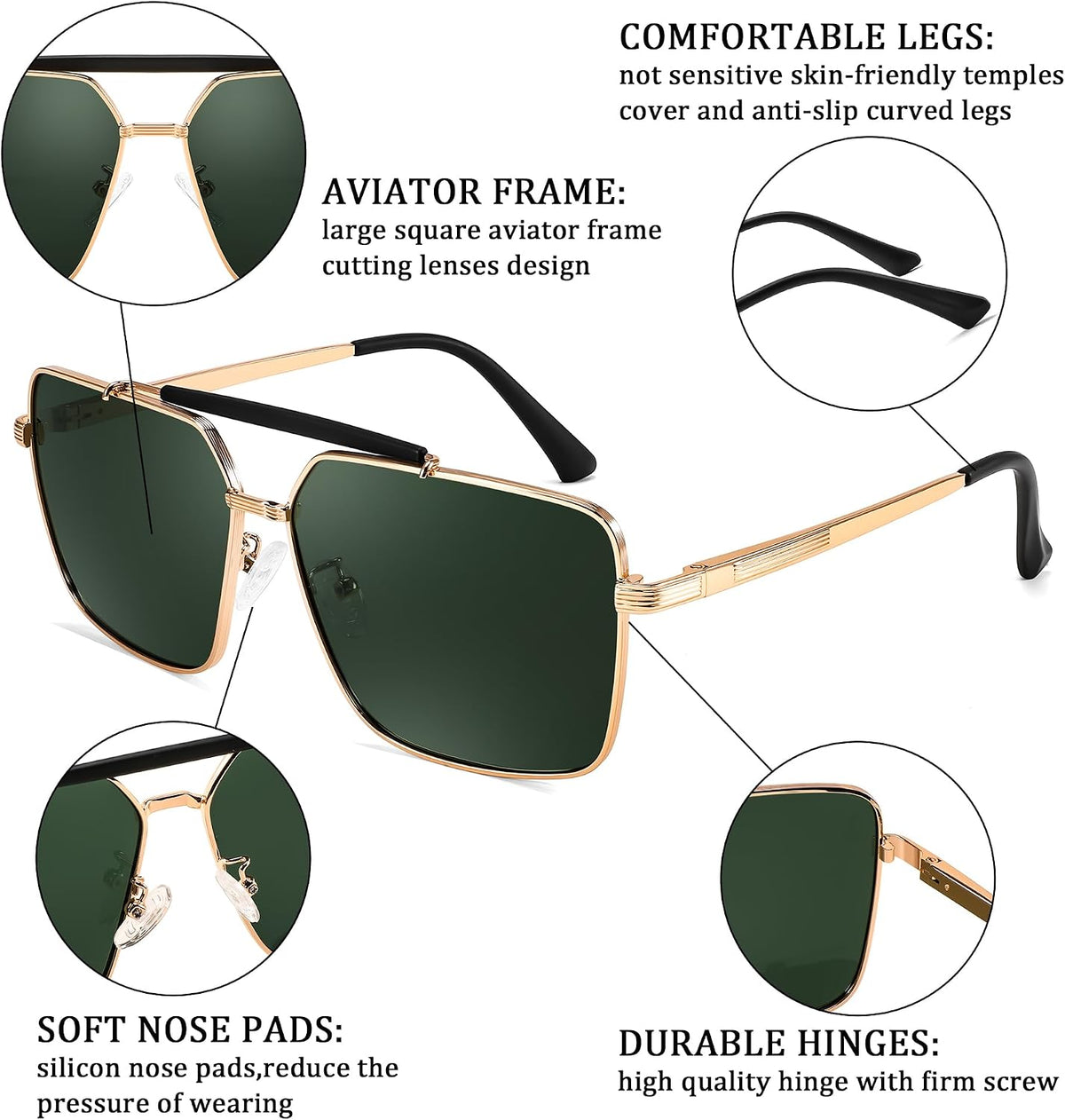 ÉÌƷͼƬ 4 | B0CP21BC1C | FEISEDY Trendy Polarized Aviator Sunglasses Womens Mens Retro Square Double Bridge Metal 90s Shades B0098