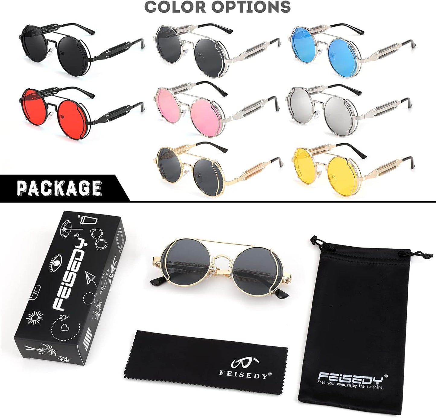 商品图片 6 | B0BD4MSMZQ | FEISEDY Aviator Sunglasses for Men Women Steampunk Round Metal Frame B2351