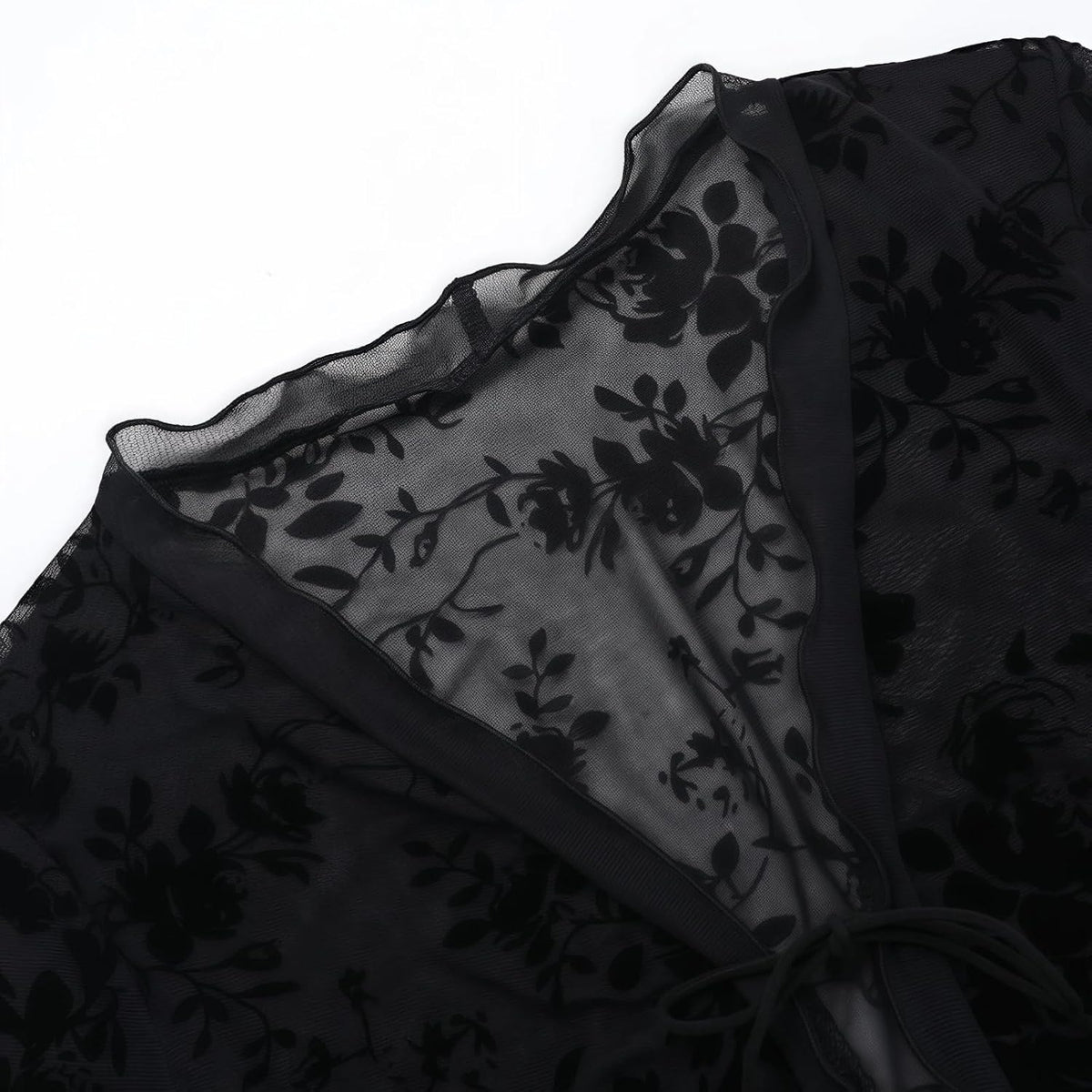 商品图片 5 | B0GXVT6JQC | Women's Lace Tie Front Top Sheer Mesh Long Sleeve Flared Ruffle Floral Flocking Sexy Crop Blouses for Women