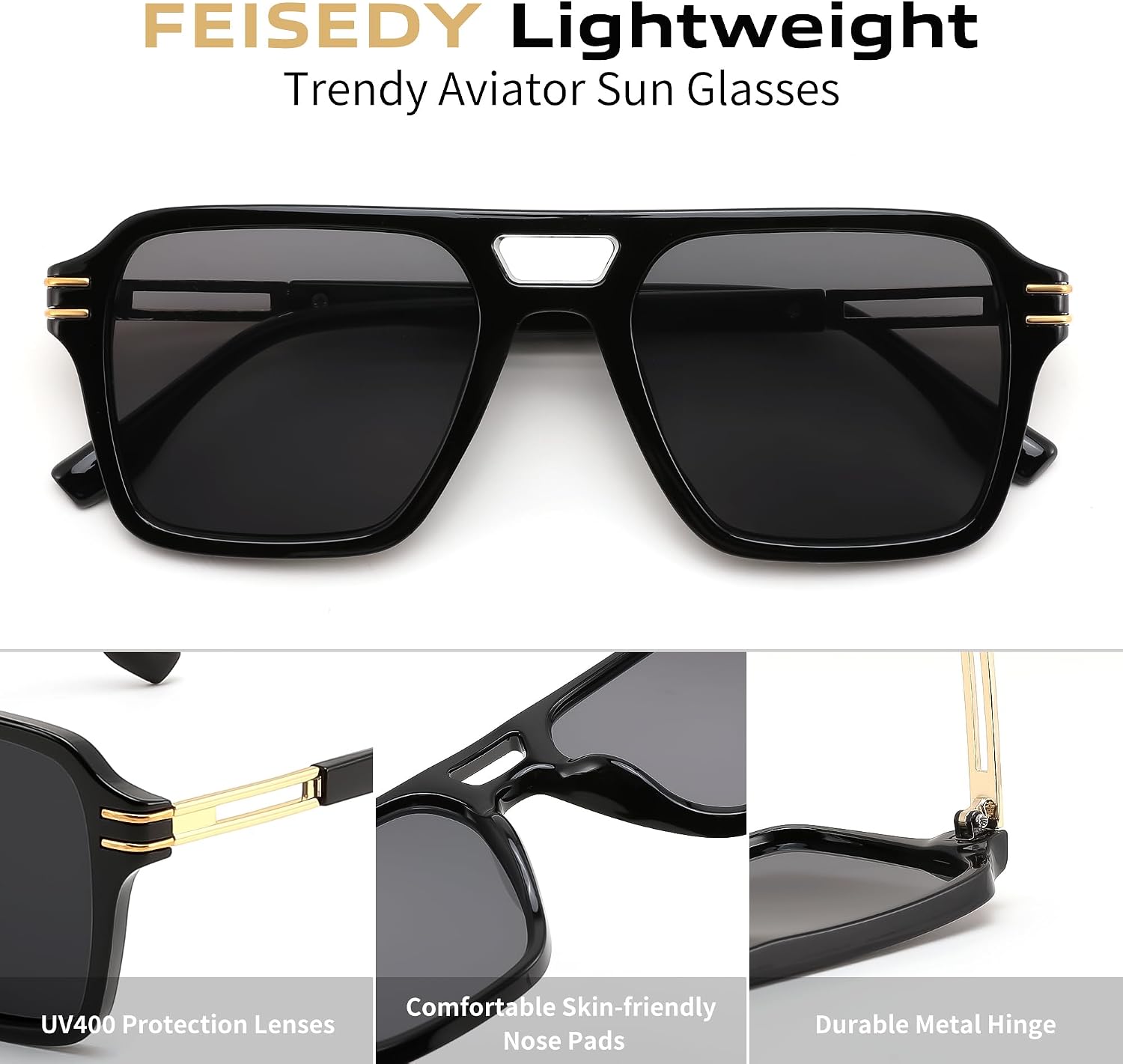 商品图片 5 | B0GVNPDBZQ | FEISEDY Retro Aviator Sunglasses Women Men 70s Trendy Square Shades B0422