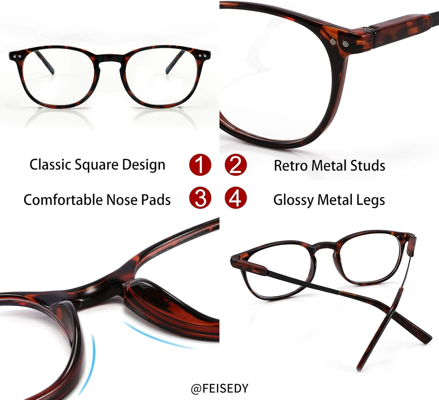 商品图片 4 | B08LND5TM2 | FEISEDY Square Anti Blue Light Blocking Glasses Men Women Round Computer Eyeglasses Double Metal Studs B2706