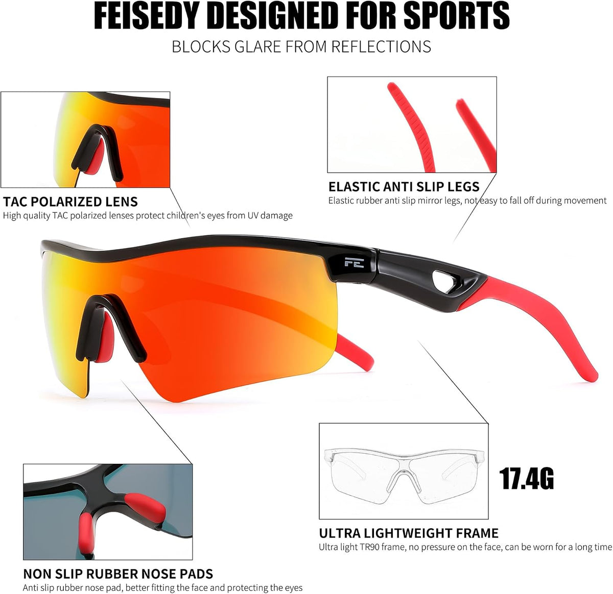 ÉÌƷͼƬ 3 | B07JZ18KMZ | FEISEDY Kids Polarized Sports Sunglasses, TR90 UV400 Baseball Cycling
