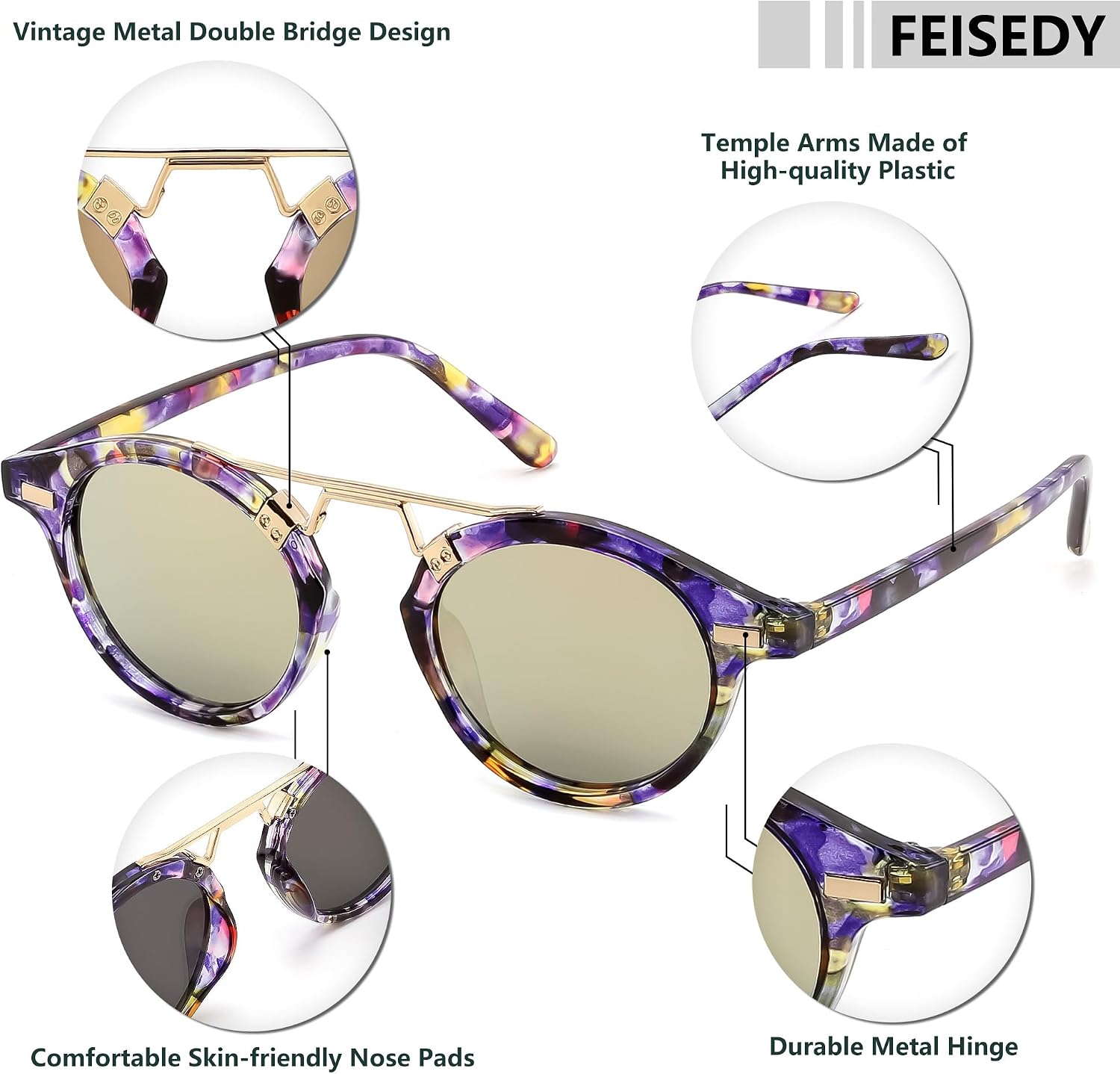 商品图片 13 | B0GX62YR7C | FEISEDY Retro Round Metal Brow Sunglasses for Women for Small Face B0427