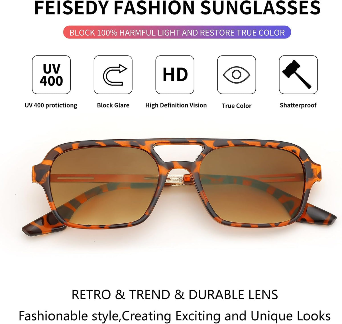 ÉÌƷͼƬ 42 | B0925V3NP4 | FEISEDY Vintage Square 70s Flat Aviator Sunglasses Women Men Metal Design Shades B2752