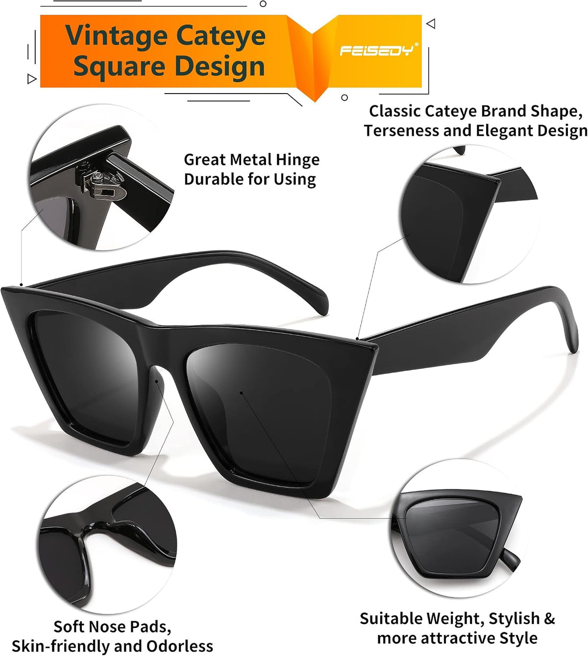 ÉÌƷͼƬ 3 | B0C5378735 | FEISEDY Vintage Square Cat Eye Sunglasses Women Trendy Cateye Sunglasses B2473
