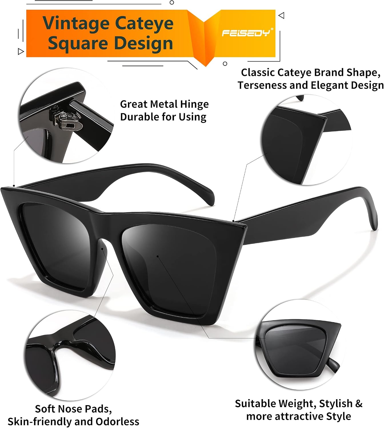 商品图片 3 | B0C5378735 | FEISEDY Vintage Square Cat Eye Sunglasses Women Trendy Cateye Sunglasses B2473