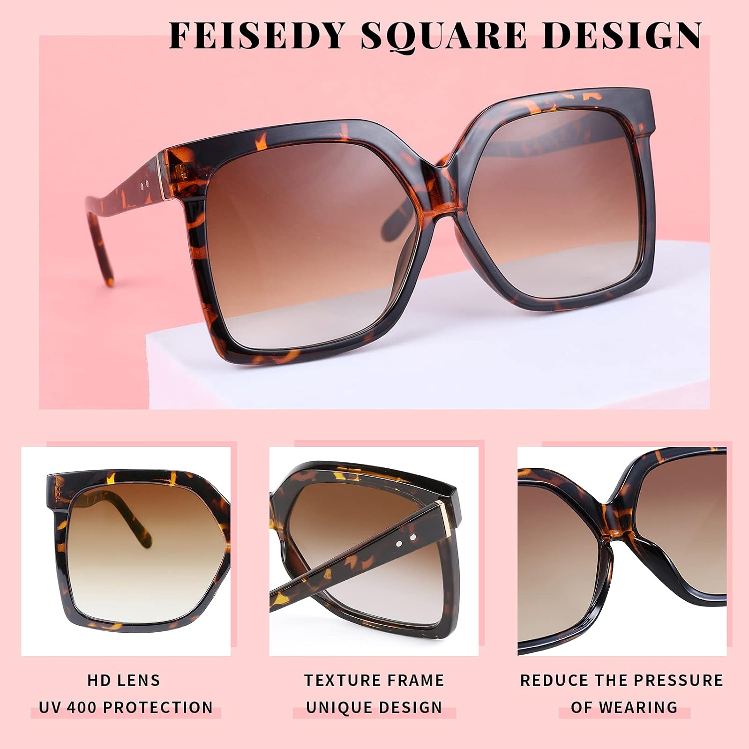 商品图片 8 | B095BFB4R9 | FEISEDY Oversize Square Frame Butterfly Sunglasses Simple Fashion Style Bent Legs Design Eyewear B2762
