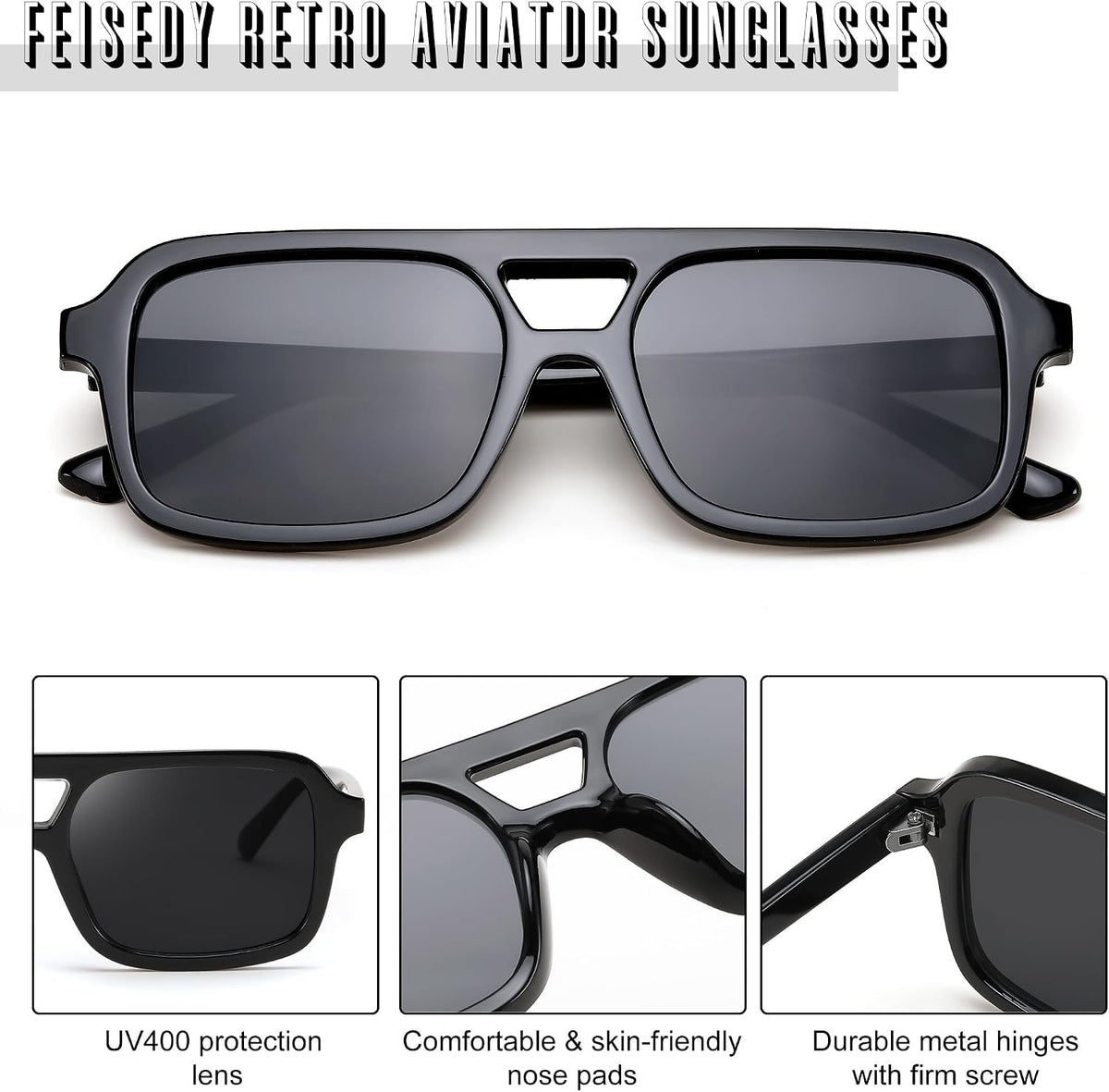 商品图片 4 | B0D446PBGN | FEISEDY Retro 70s Aviator Sunglasses for Women Men Trendy Flat Square Frame UV400 Sunglasses B0174