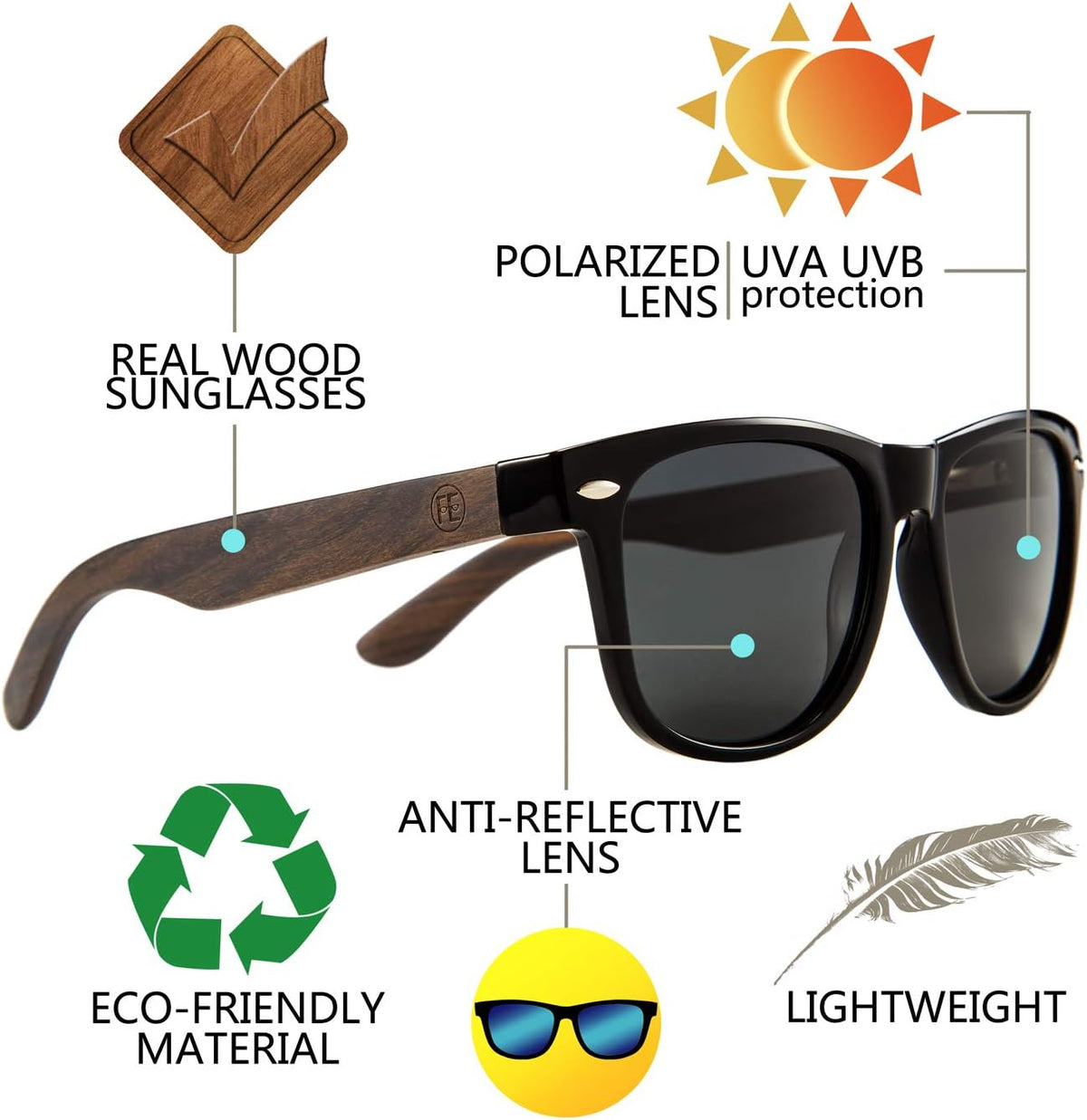 商品图片 38 | B07J2YHS4L | FEISEDY Polarized Wood Sunglasses Women Men HD UV400 Driving Fishing Golf Sunglasses B2448