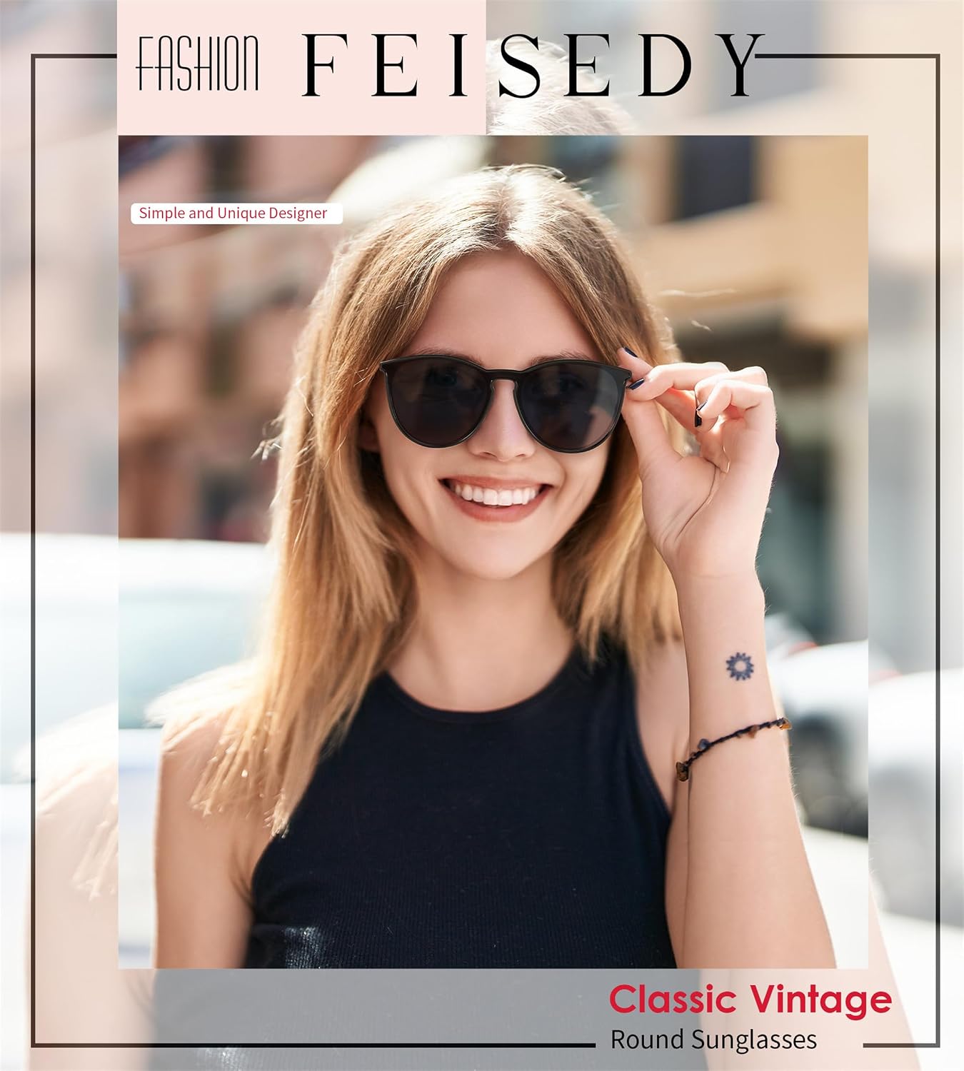 商品图片 2 | B0DGCPG41T | FEISEDY Sunglasses for Women Men Retro Round Cateye Designer Cute Mirrored UV Protection Lens B0210