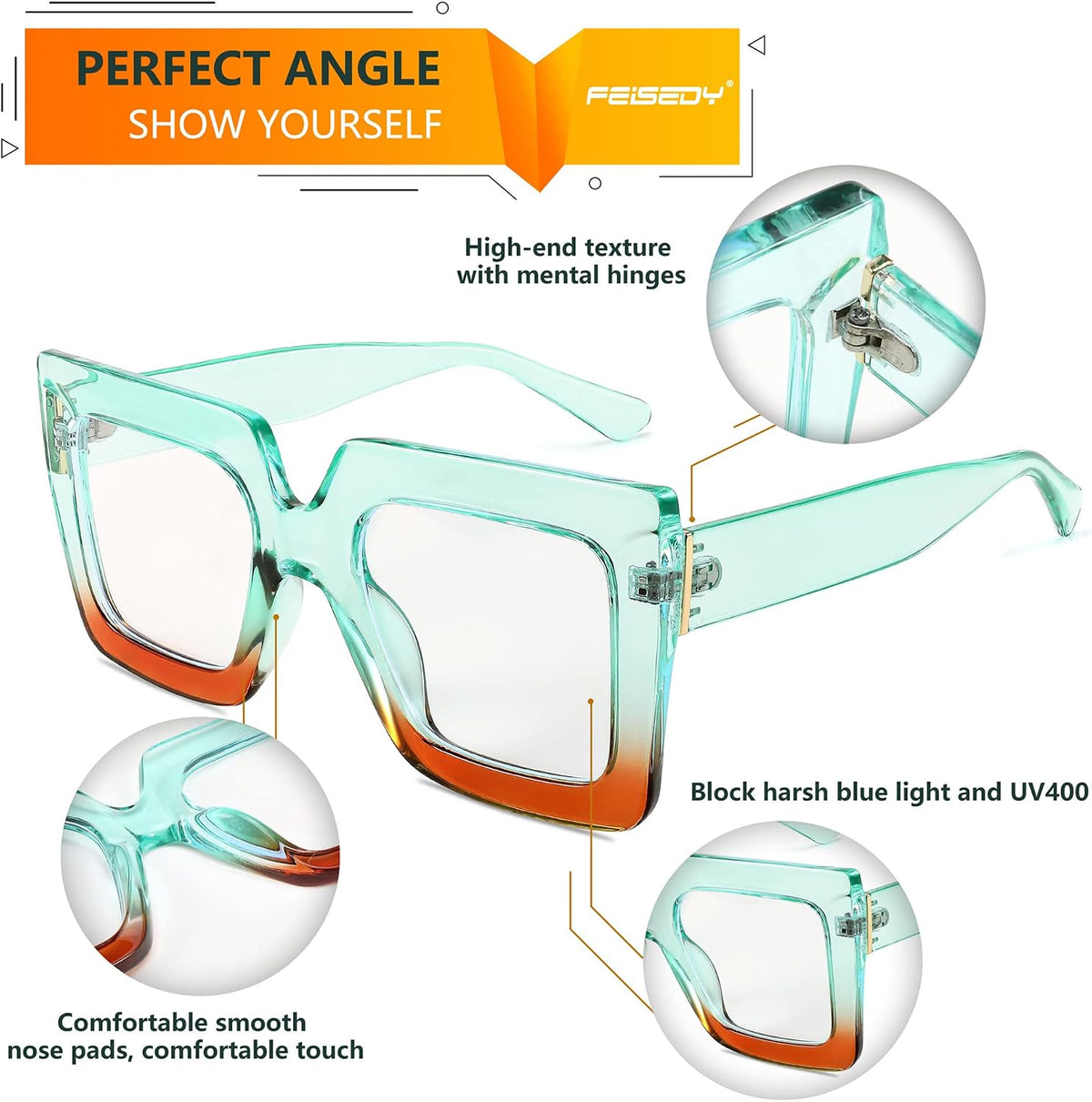 商品图片 22 | B0BZRTPH3F | FEISEDY Fashion Oversized Blue Light Glasses for Women Anti Fatigue Thick Square Computer Eyewear B2381