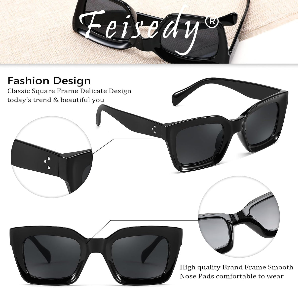 ÉÌƷͼƬ 92 | B07MNGNLNT | FEISEDY Classic Women Sunglasses Fashion Thick Square Sun Glasses B2471