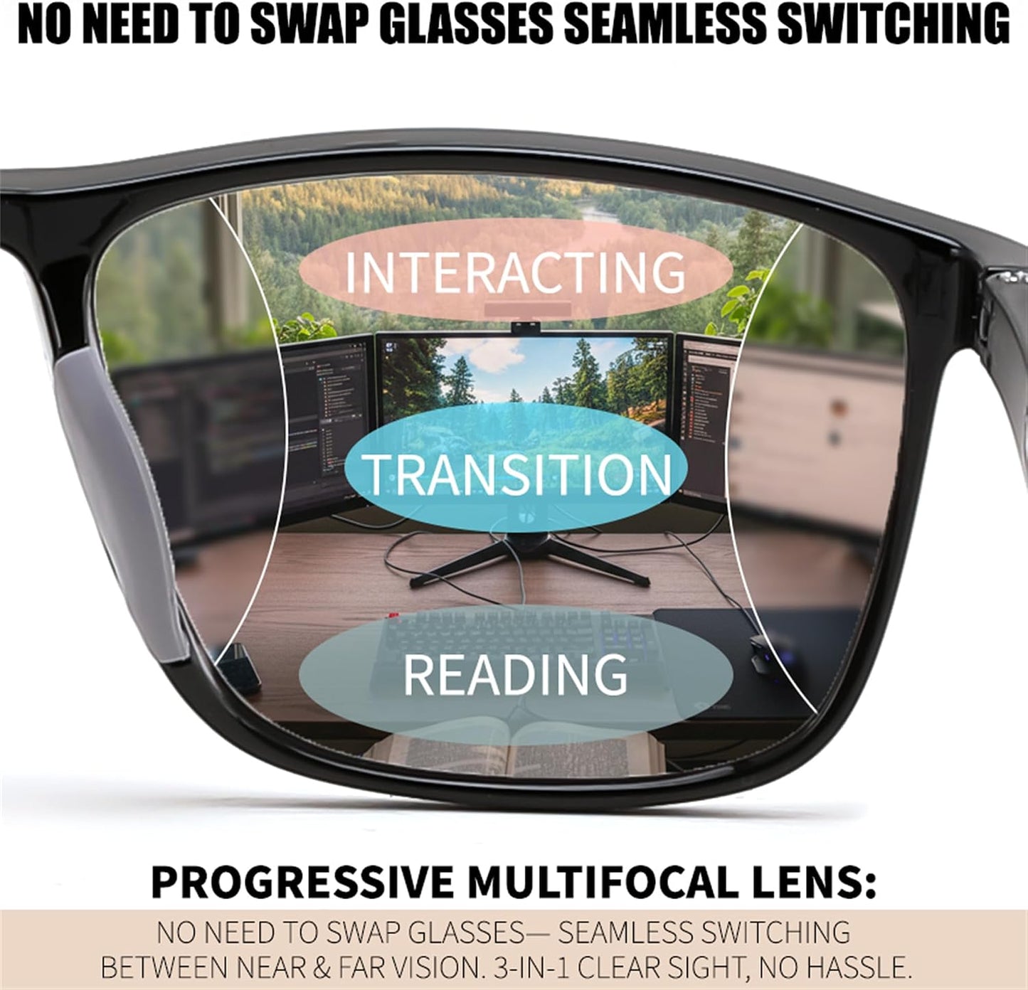 商品图片 2 | B0GLF6C715 | FEISEDY Progressive Multifocal Reading Glasses Blue Light Blocking B0397 | Sports Square Frame Near-Far Dual Use Blue Light Blocking Reading Glasses for Women Men