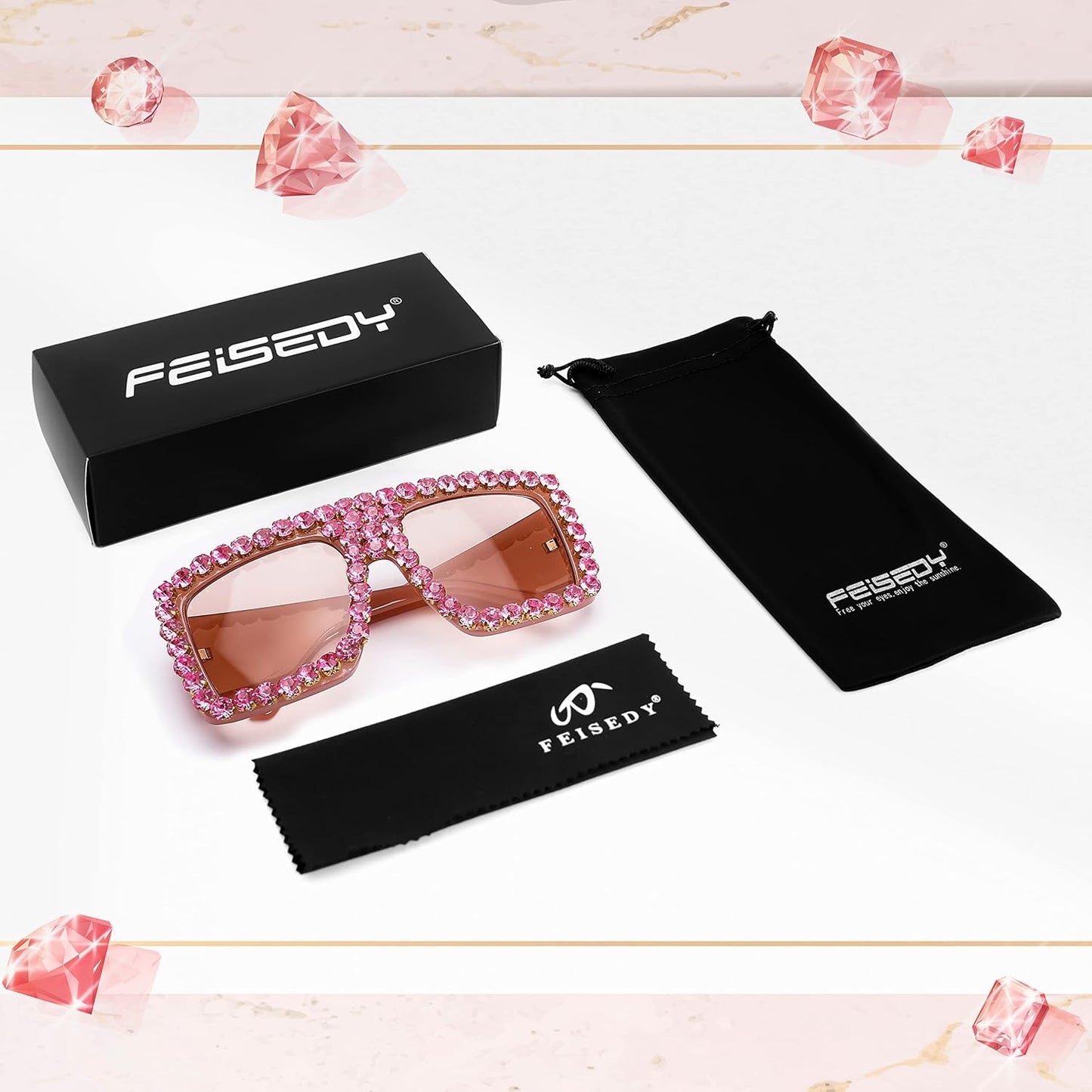 商品图片 35 | B09YHJ846J | FEISEDY Square Diamond Sunglasses for Women Retro Fashion Shiny Rhinestone Sun Glasses B2916