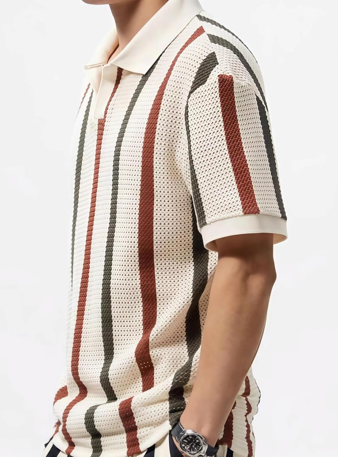 商品图片 4 | B0GF1QQM1S | Striped Short Sleeve Shirt for Men, Collar Without Buckle, Ventilate Knit Mesh Retro Polo Top, Summer Casual Style