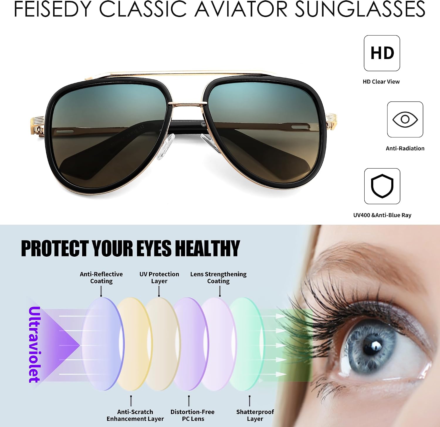 商品图片 5 | B0CF232CFR | FEISEDY Aviator Sunglasses Men Women, Square Retro 70s Vintage Classic Frame, UV400 Driving Fishing Golf Hiking B0036