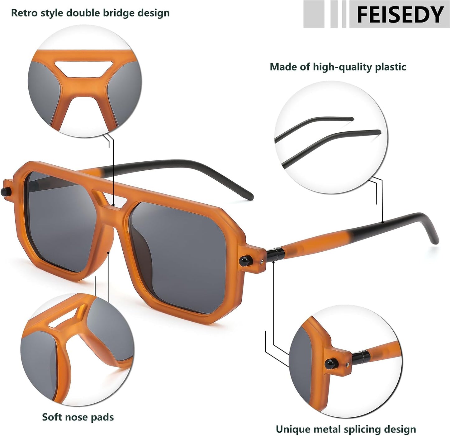 商品图片 158 | B09YTJ4FQZ | FEISEDY Vintage Square 70s Flat Aviator Sunglasses Women Men Classic Retro Stylish Frame UV400 Sunglasses B2622