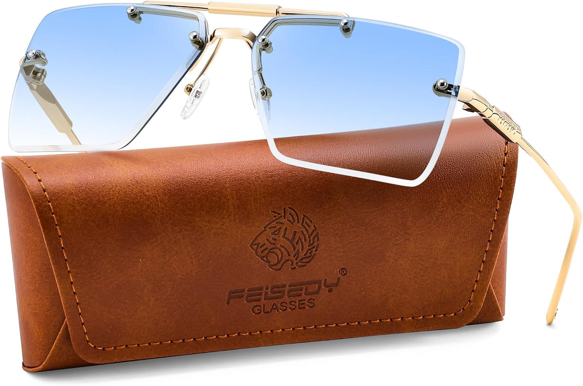 Soft Sky Blue / 60 Millimeters | B0HFJM7K19 | FEISEDY Rimless Aviator Sunglasses for Women Men Luxury UV400 Shades