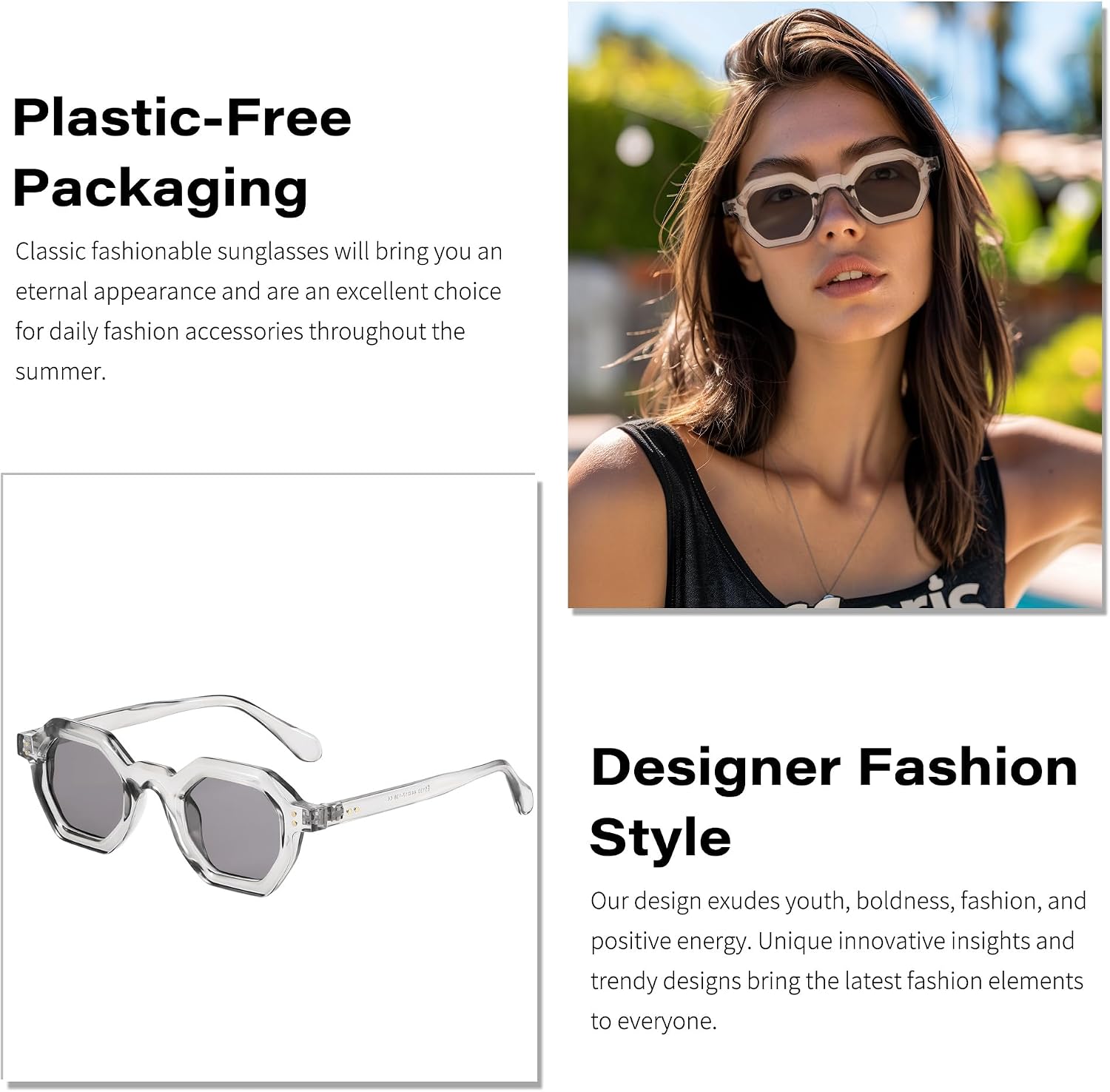商品图片 39 | B0CSJQ26W8 | FEISEDY Octagon Sunglasses for Women - Thick Frame Fashion Rectangle Sun Glasses - Summer UV400 Protection