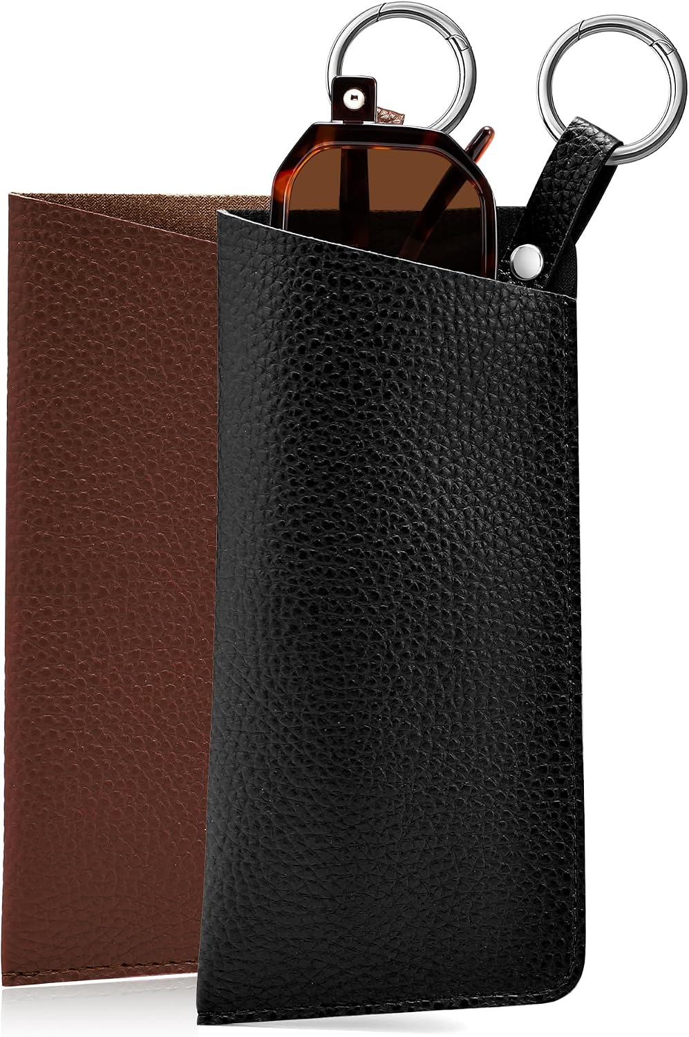 Black + Brown | B0FKBJHDKR | FEISEDY 2Pack Portable Glasses Case with Clip Hook, Soft Leather Eyeglass case Bag, Slim Sunglasses Pouch B0313