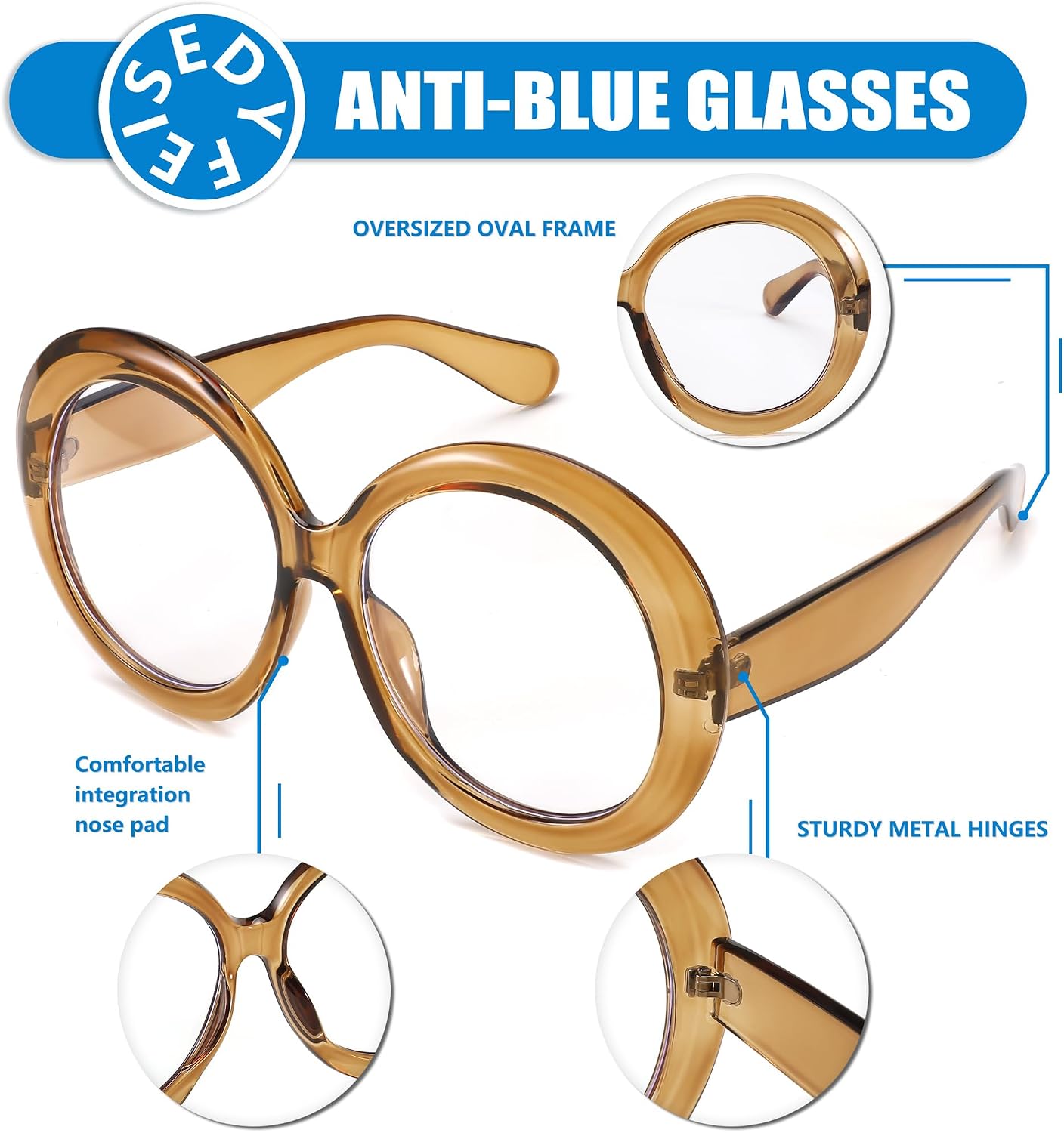 商品图片 4 | B0CQ26NQZS | FEISEDY Oversized Blue Light Blocking Glasses Women Men Retro Big Round Frame Eyewear Clear Lens Computer Glasses B2997