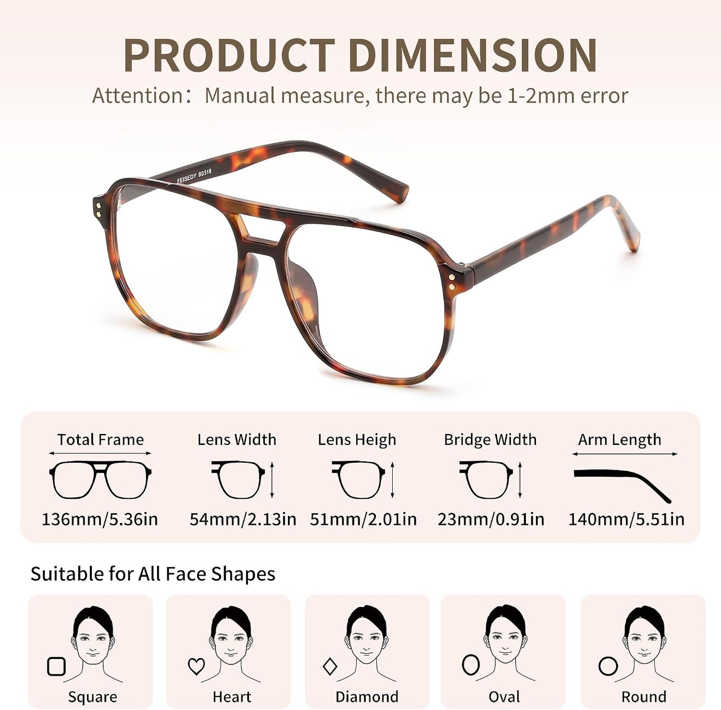 商品图片 23 | B0FWXP3HKW | FEISEDY Fashion Aviator Blue Light Reading Glasses for Woman Men B0318 | Square Pilot Computer Glasses, Anti Eyestrain Glare Readers